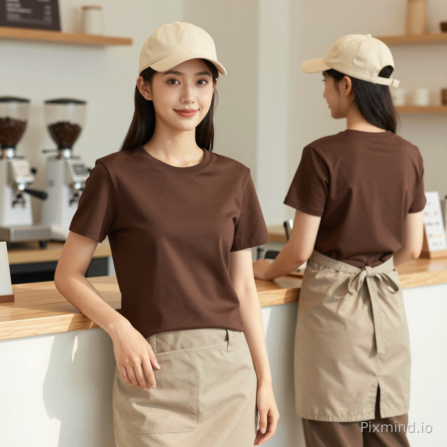 两位年轻女性咖啡师的高清电商展示大片。主体穿着:两人均身着质感极佳的深棕色圆领短袖T恤,面料展现出100%纯棉的哑光细腻纹理与平整度,剪裁合身偏宽松,自然垂顺;搭配杏色鸭舌帽与同色系杏色半身围裙,(围裙在衣服上一层)整体造型专业、干练且极具亲和力。
构图布局:采用富有层次感的景深构图。前景左侧女生作为视觉中心,正面直视镜头,面带温和自信的笑容,站姿挺拔放松,左手轻搭于台面,右手自然下垂,完美呈现T恤的正面版型细节;背景右侧女生背对镜头,姿态自然,处于工作状态,清晰展示服装背面效果。两人左右错落,主次分明。
场景环境:现代精品咖啡店室内,背景包含质感细腻的浅白色木制吧台,后方隐约可见专业的意式咖啡机与磨豆机。环境干净整洁,软装采用浅木色与米白色调,营造温馨舒适的氛围。
光影与技法:商业摄影级布光,平视视角。强调高反差与明暗对比,模拟自然光侧逆光效果,在深棕色衣物上形成丰富的光影层次,立体地凸显面料质感。背景采用光学虚化(Bokeh)处理,既保留了咖啡店的场景轮廓,又突出了人物主体。整体色调温暖、明亮、柔和。
画质标签:8k分辨率,超写实主义,精细的织物纹理,杰作,锐利聚焦,色彩准确,高品质电商摄影。