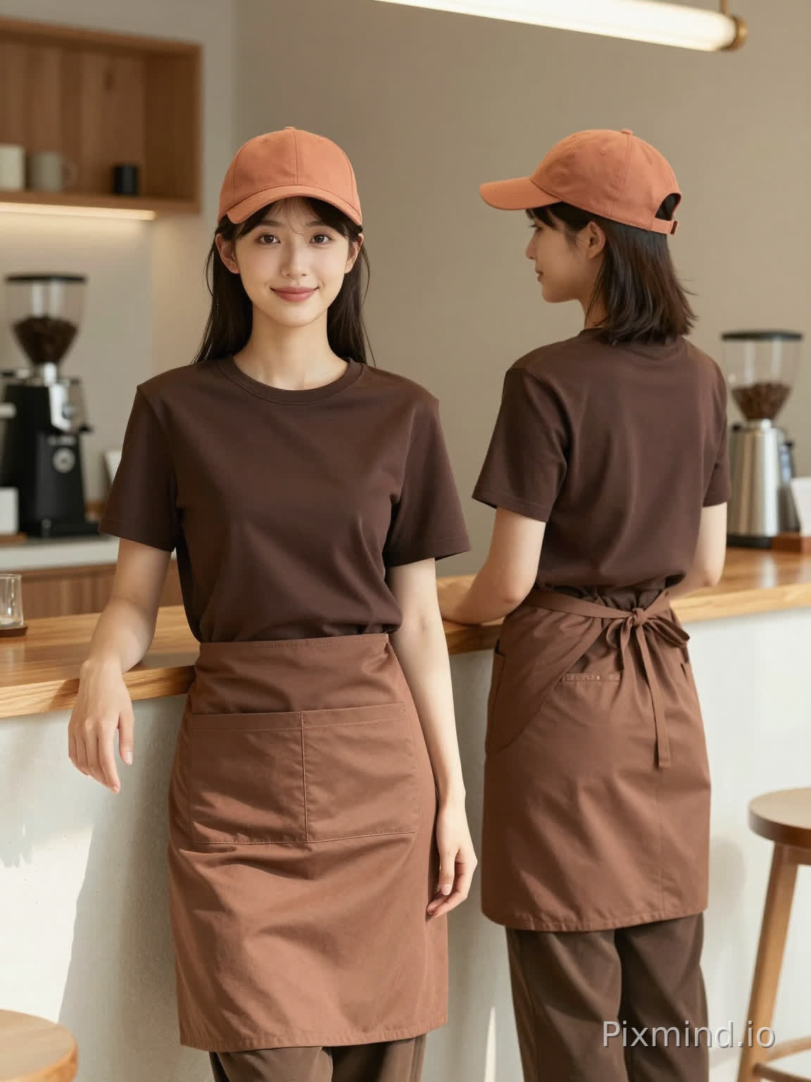 Two young women, both wearing dark brown crew-neck short-sleeve shirts. The shirts are relaxed fit yet tailored, made of 100% pure cotton fabric, with a smooth and high-quality texture. Both wear apricot baseball caps and apricot half-body aprons, with an affable, capable and professional café staff
Foreground figure (left): The front girl faces the camera directly and looks at the lens. Her left hand rests lightly on the tabletop, right hand hangs naturally by her side. She stands upright and relaxed, with a gentle smile, fully showing the front silhouette of the uniform.
Background figure (right): The other girl has her back to the camera, posture natural and work-oriented, fully displaying the back design of the outfit.
Overall composition: The two stand side by side horizontally. The foreground figure is the largest and most prominent, occupying the main visual focus; the background figure is slightly smaller in proportion.
Background: Indoor café working scene, with textured off-white countertop, wooden bar counter, coffee machine, coffee grinder and other bar equipment. The overall environment is clean, tidy and highly professional.
Lighting: Strong light-dark contrast, high contrast, with clear light and shadow changes on the clothing. Paired with light wood and off-white soft furnishings, conveying a warm, cozy and welcoming café atmosphere. The background is softly blurred while retaining scene outlines, highlighting the subjects without distraction.
Style: Warm, bright, soft lighting, eye-level perspective, professional and refined commercial photography style.