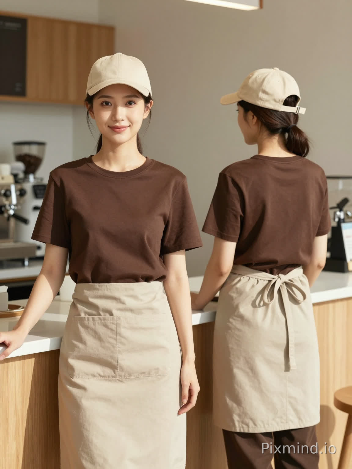 两个女生,均穿着深棕色圆领短袖,衣服合身偏宽松,衣服是100%纯棉面料,整体平整有质感。均佩戴杏色鸭舌帽和杏色半身围裙,气质亲和干练,呈现咖啡店员工的专业形象。前景人物(左侧):前面的女生身体正对镜头并看向镜头,左边的手轻搭在桌面上右手自然垂落在身体一侧,站姿挺拔放松,笑容温和,完整展示服装正面版型;背景人物(右侧):另一个女生背对镜头,姿态自然且具工作感,完整展示服装背面;整体布局:两人呈左右并列 的站位,近景人物最大最突出,占画面主要视觉,远景人物依次缩小。背景是咖啡店的室内工作场景,可见有质感的浅白色台面木制吧台、咖啡机、磨豆机等,整体风格干净整洁,充满专业感。光影:明暗对比突出,高反差高对比,衣服上有光影变化,搭配浅木色和米白色的软装,传递出温馨、舒适的咖啡店氛围。虚化后保留场景轮廓,既交代环境又不干扰主体;整体光影风格:温暖、明亮、柔和,平视视角。