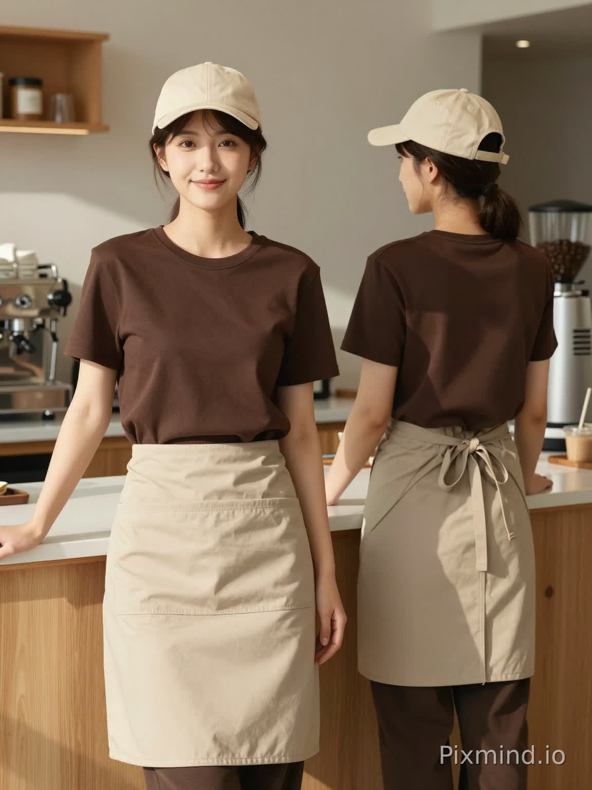 两个女生,均穿着深棕色圆领短袖,衣服合身偏宽松,衣服是100%纯棉面料,整体平整有质感。均佩戴杏色鸭舌帽和杏色半身围裙,气质亲和干练,呈现咖啡店员工的专业形象。前景人物(左侧):前面的女生身体正对镜头并看向镜头,左边的手轻搭在桌面上右手自然垂落在身体一侧,站姿挺拔放松,笑容温和,完整展示服装正面版型;背景人物(右侧):另一个女生背对镜头,姿态自然且具工作感,完整展示服装背面;整体布局:两人呈左右并列 的站位,近景人物最大最突出,占画面主要视觉,远景人物依次缩小。背景是咖啡店的室内工作场景,可见有质感的浅白色台面木制吧台、咖啡机、磨豆机等,整体风格干净整洁,充满专业感。光影:明暗对比突出,高反差高对比,衣服上有光影变化,搭配浅木色和米白色的软装,传递出温馨、舒适的咖啡店氛围。虚化后保留场景轮廓,既交代环境又不干扰主体;整体光影风格:温暖、明亮、柔和,平视视角。