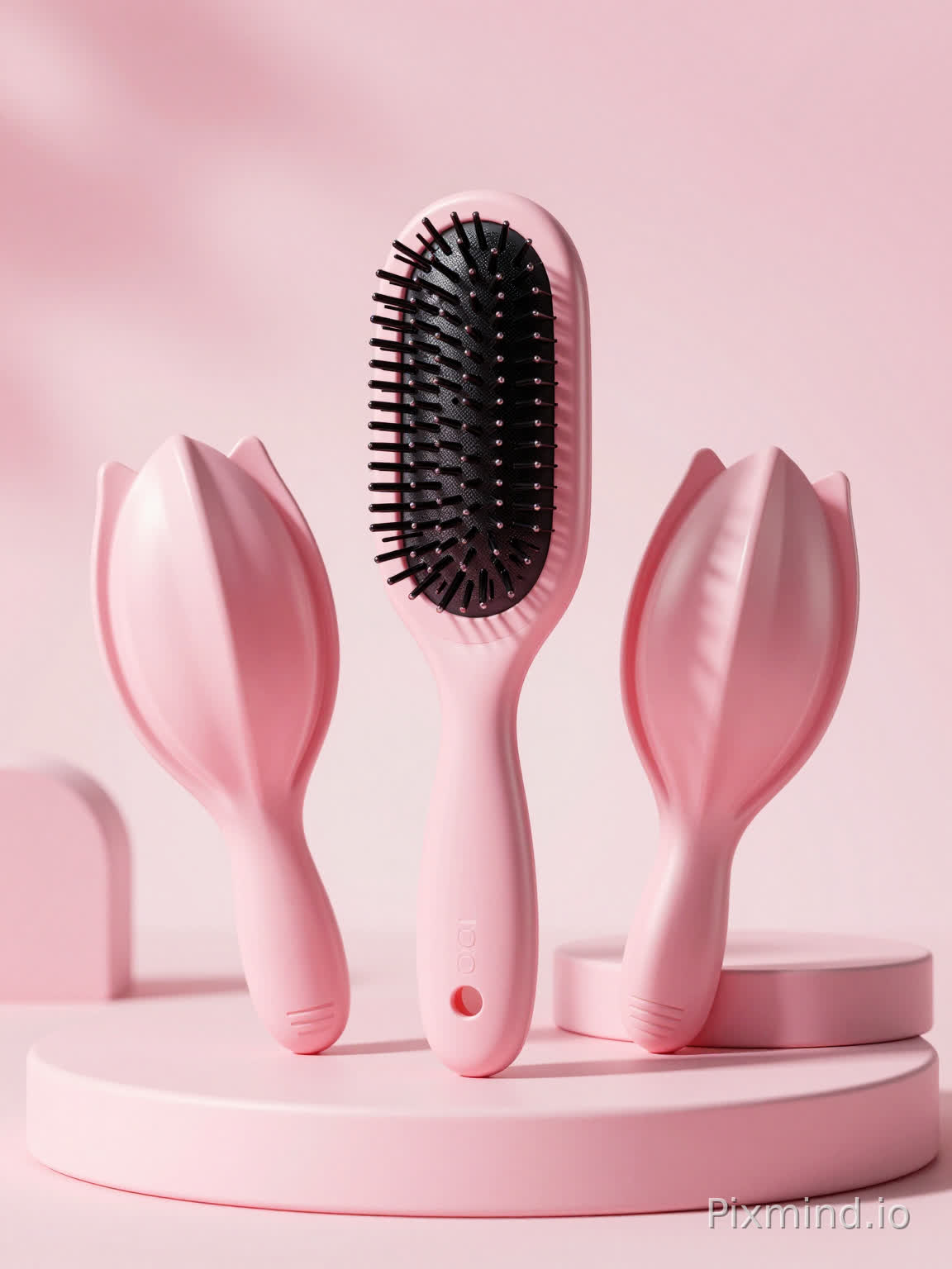 A set of three pink beauty tools, including a central straightening comb with black, dense bristles, and two side petal-shaped styling devices (resembling open tulip petals), all placed on circular, stacked pink platforms for a modern display. The background features a soft, gradient pastel pink with a blurred, out-of-focus effect, creating a clean, minimalist setting. High resolution, ultra-detailed, and hyper-realistic; the tools have sleek, smooth plastic surfaces with subtle reflective highlights, and soft, directional lighting emphasizes their contours and texture. The composition is centered, with slight height variation to add visual depth, and the shallow depth of field keeps the focus sharply on the products, highlighting their design details (e.g., the comb's curved handle, the petal tools' open structure). Soft shadows from the platforms add dimension, and the overall style is contemporary and product-focused, ideal for e-commerce or product photography.