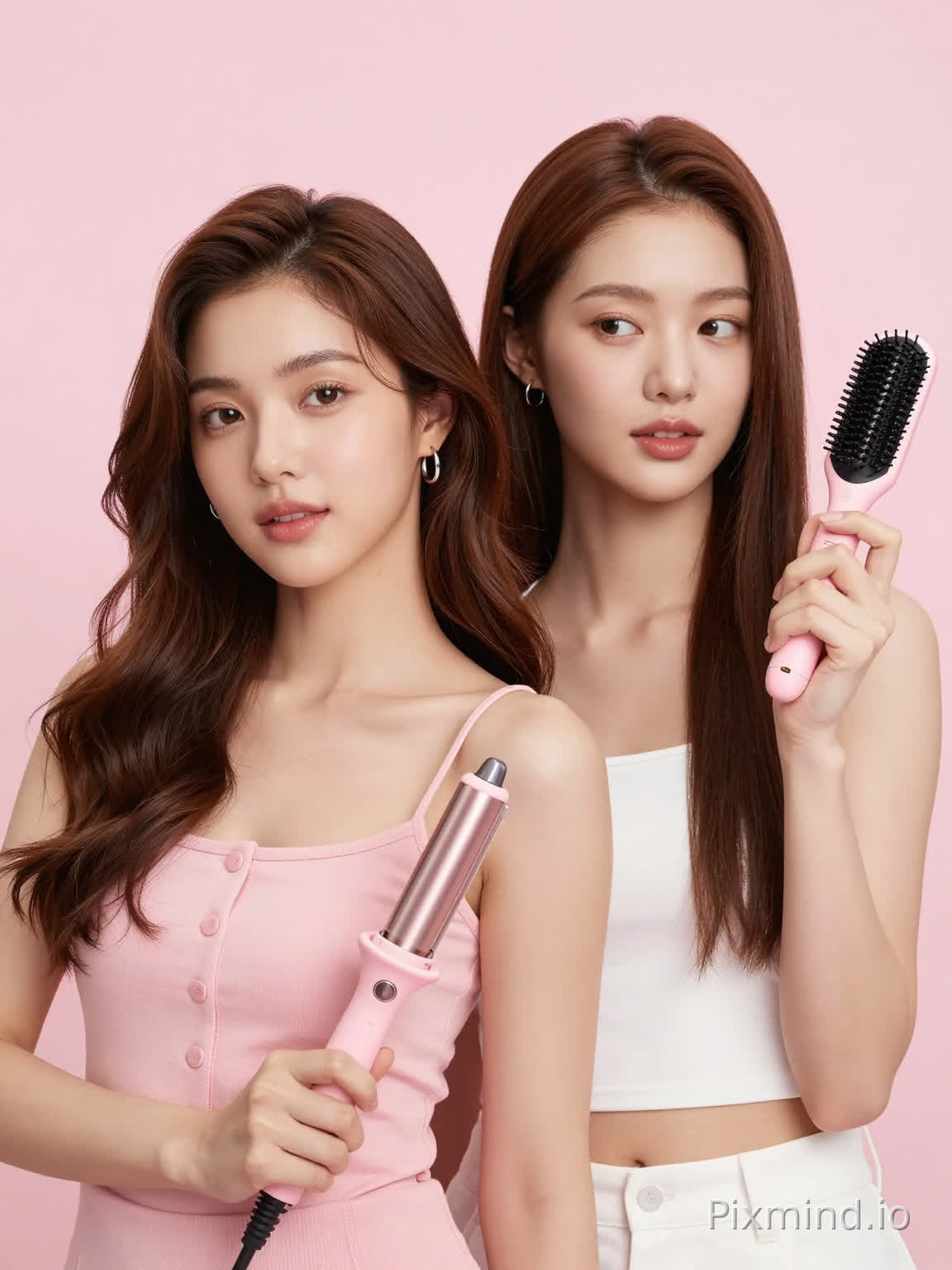 A realistic, high-detail studio portrait of two young Asian women, front view, standing side by side with soft depth of field, set against a clean, solid light pink background (pastel pink, soft, no texture). Both women are facing the camera with natural, relaxed expressions, looking slightly to the side with gentle eye contact.
Left woman: Slightly in front, wearing a light pink camisole top with front button detailing, spaghetti straps, fair skin, wavy chestnut-brown hair (loose waves, slightly tousled, falling over shoulders and collarbones). She is holding a pink curling iron in her right hand, positioned at waist level, with a sleek design featuring multiple heating plates, soft pink color, and light reflecting on its metal parts. She wears small circular silver hoop earrings. Right woman: Standing slightly behind the left woman, wearing a white sleeveless cropped top with a minimal neckline, fair skin, long straight chestnut-brown hair (smooth, sleek, reaching mid-back). She is holding a pink straightening brush in her left hand, raised to shoulder height; the brush has black plastic bristles and a pink handle with subtle texture, matching the color of the curling iron. Lighting: Soft, even, warm-toned ambient light, with no harsh shadows, highlighting skin texture, hair strands, and product details. Skin tones are natural and fair, hair has subtle brown undertones, while the tool colors are soft pink with slight gloss. Overall style: Clean, fresh, high-definition photography, product-focused yet emphasizing natural beauty, with a harmonious color palette (pastel pink and white) creating a cohesive, inviting atmosphere.