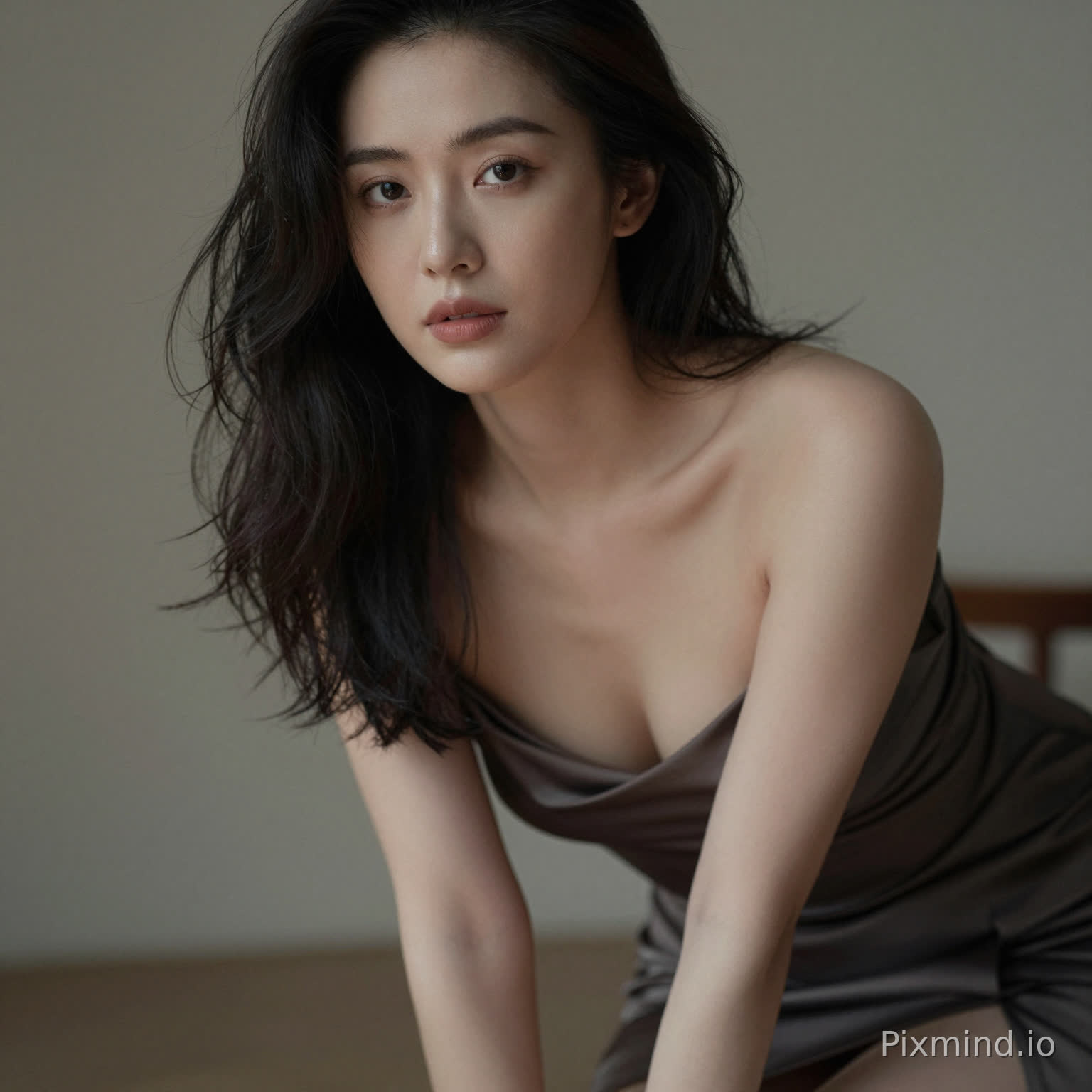 A sensual woman leaning slightly forward, deep neckline dress, subtle cleavage, inviting gaze, soft focus background, intimate framing, realistic skin highlights, moody lighting, editorial sensual photography
