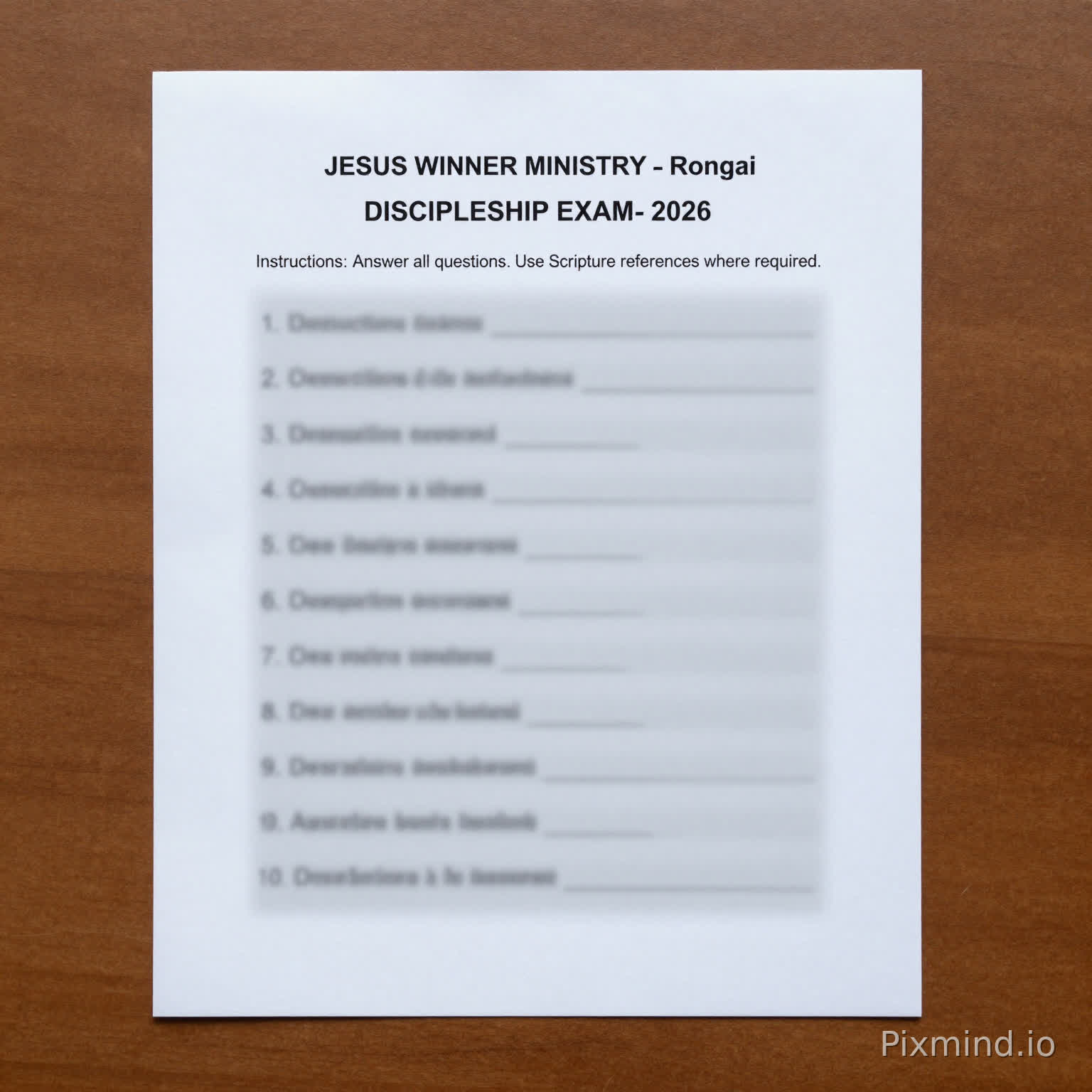 A clean, high-resolution top-down shot of a formal A4 examination paper laying on a wooden table. At the top center, the following text is clearly printed and perfectly readable: 'JESUS WINNER MINISTRY – Rongai', followed by 'DISCIPLESHIP EXAM- 2026', and then 'Instructions: Answer all questions. Use Scripture references where required.' Below these instructions, the entire section containing Questions 1 through 10 is heavily obscured by a semi-transparent frosted glass overlay and a soft blur, making the lines of the questions visible as shapes but the words impossible to read. The lighting is focused on the clear header, creating a professional and clean aesthetic."