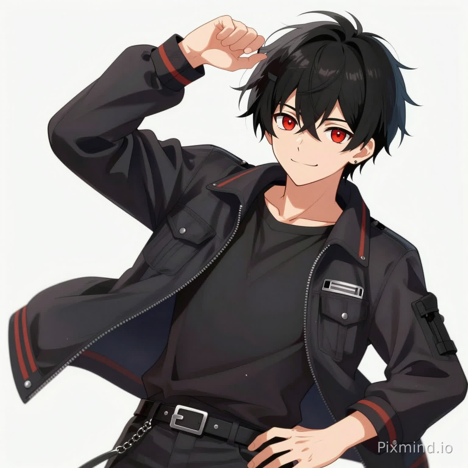masterpiece, best quality, 1boy, anime style, short black hair, sharp red eyes, confident smile, modern streetwear jacket, dynamic pose, energetic atmosphere, clean lines, vibrant colors, highly detailed, sharp focu