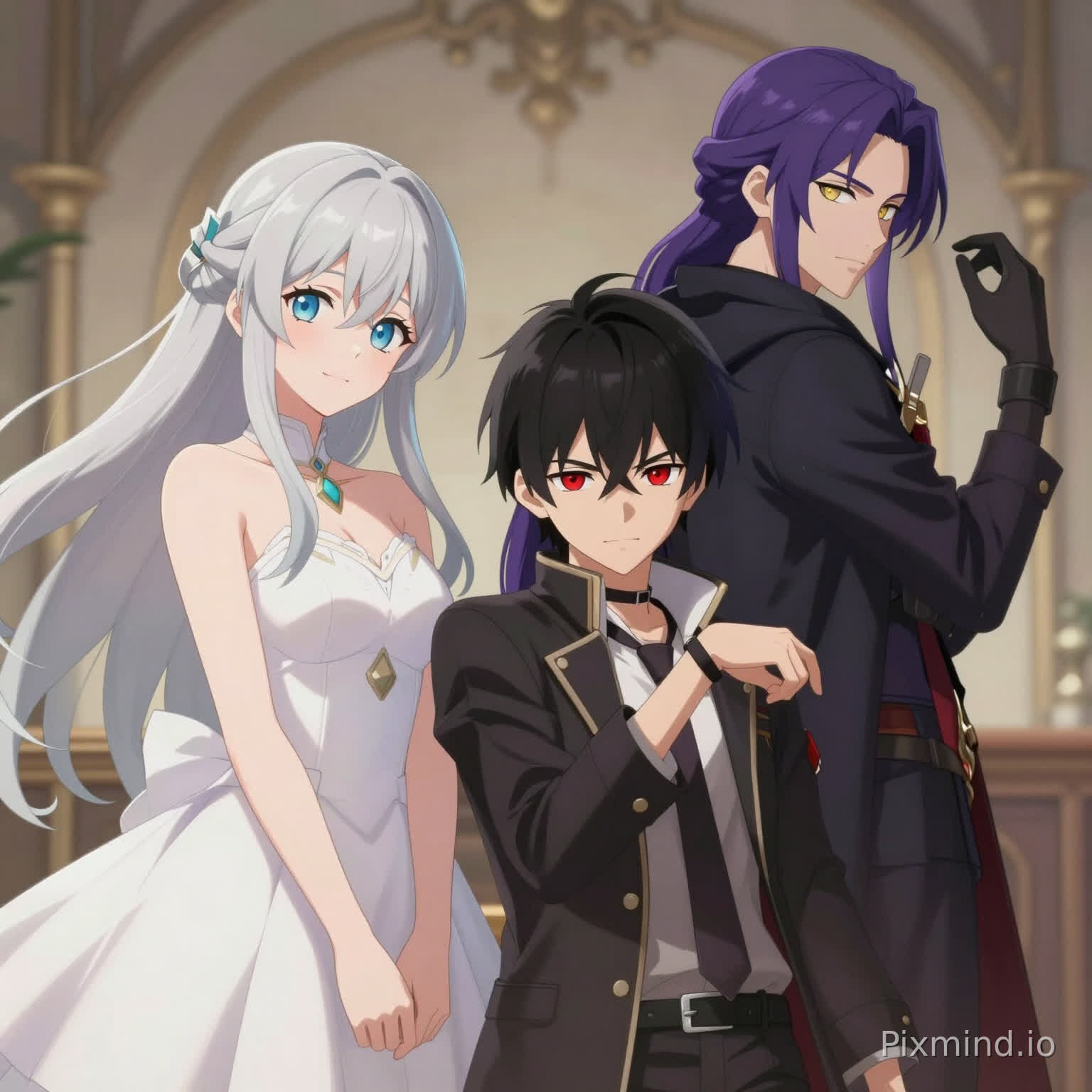 masterpiece, best quality, 3characters, anime group photo, three people in one picture, beautiful composition, soft lighting, detailed background, warm atmosphere<br/><br/>1girl: long silver hair, light blue eyes, gentle smile, white dress<br/>1boy: short black hair, red eyes, cool jacket, dynamic pose<br/>1androgynous: purple hair, golden eyes, mysterious aura, dark cloak