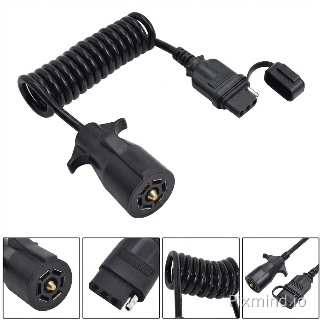 This is an American trailer 7-way circular to 4-way needle spring wire converter for car tail light signal conversion power cord. Please help me generate one main image and four product detail images from the above four pictures