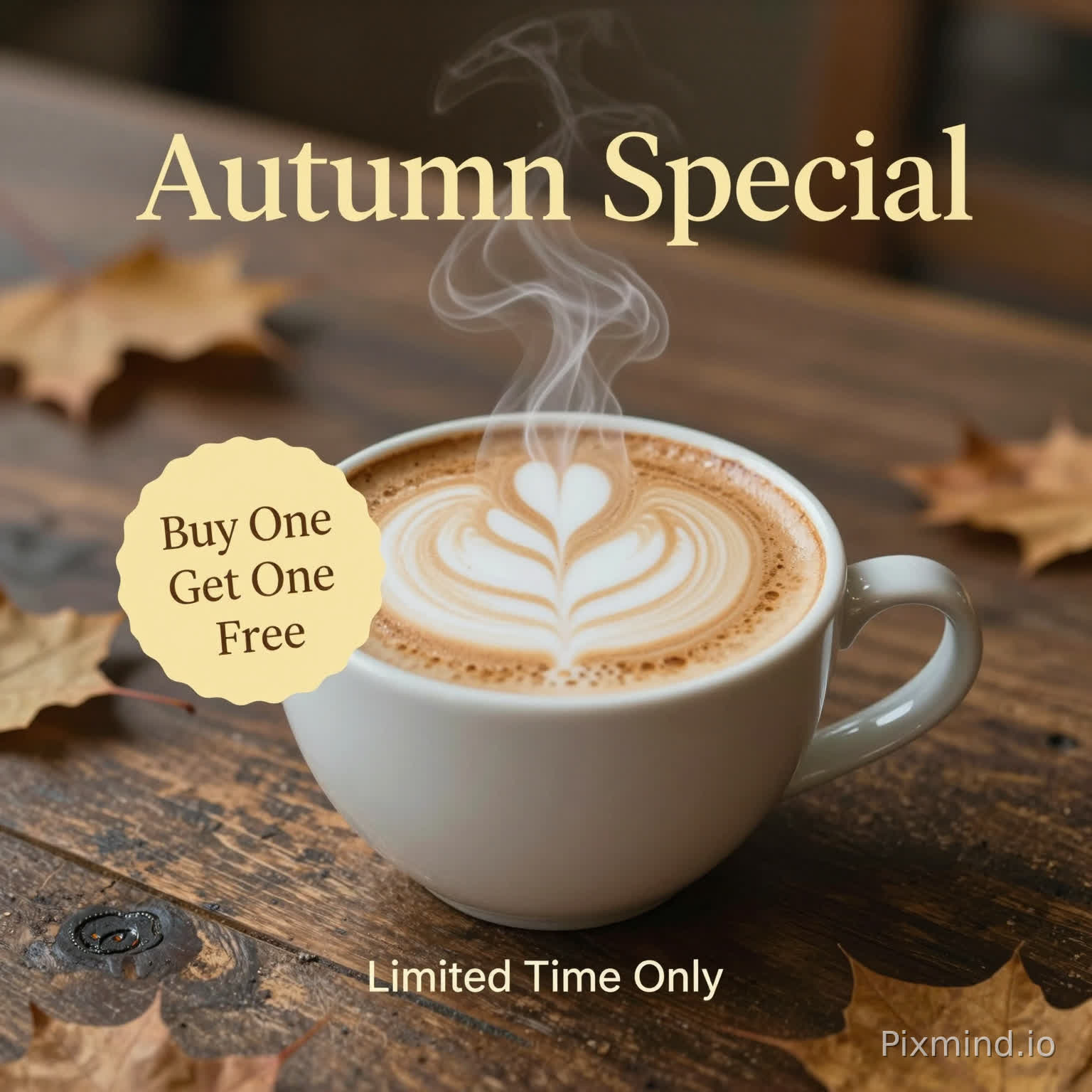 A cinematic close-up of a steaming cup of cappuccino on a rustic wooden table, autumn leaves in the background (cozy atmosphere). Text Integration :
1. Main Title : 'Autumn Special' written in elegant, gold serif typography at the top.
2. Offer : 'Buy One Get One Free' clearly displayed in a modern badge or sticker style on the side.
3. Footer : 'Limited Time Only' in small, clean text at the bottom. Quality : Ensure all text is perfectly spelled, centered, and integrated into the image's depth of field.