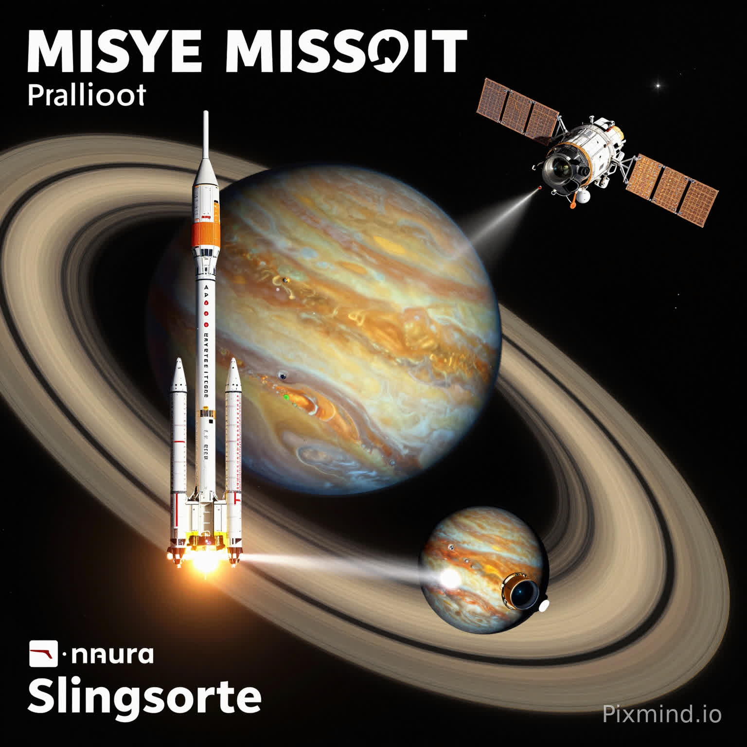 Create an infographic of a spacemission to saturn. including the launch, the slingshot acceleration at Jupiter and the orbit of the sattelite just outside the rings of Saturn.