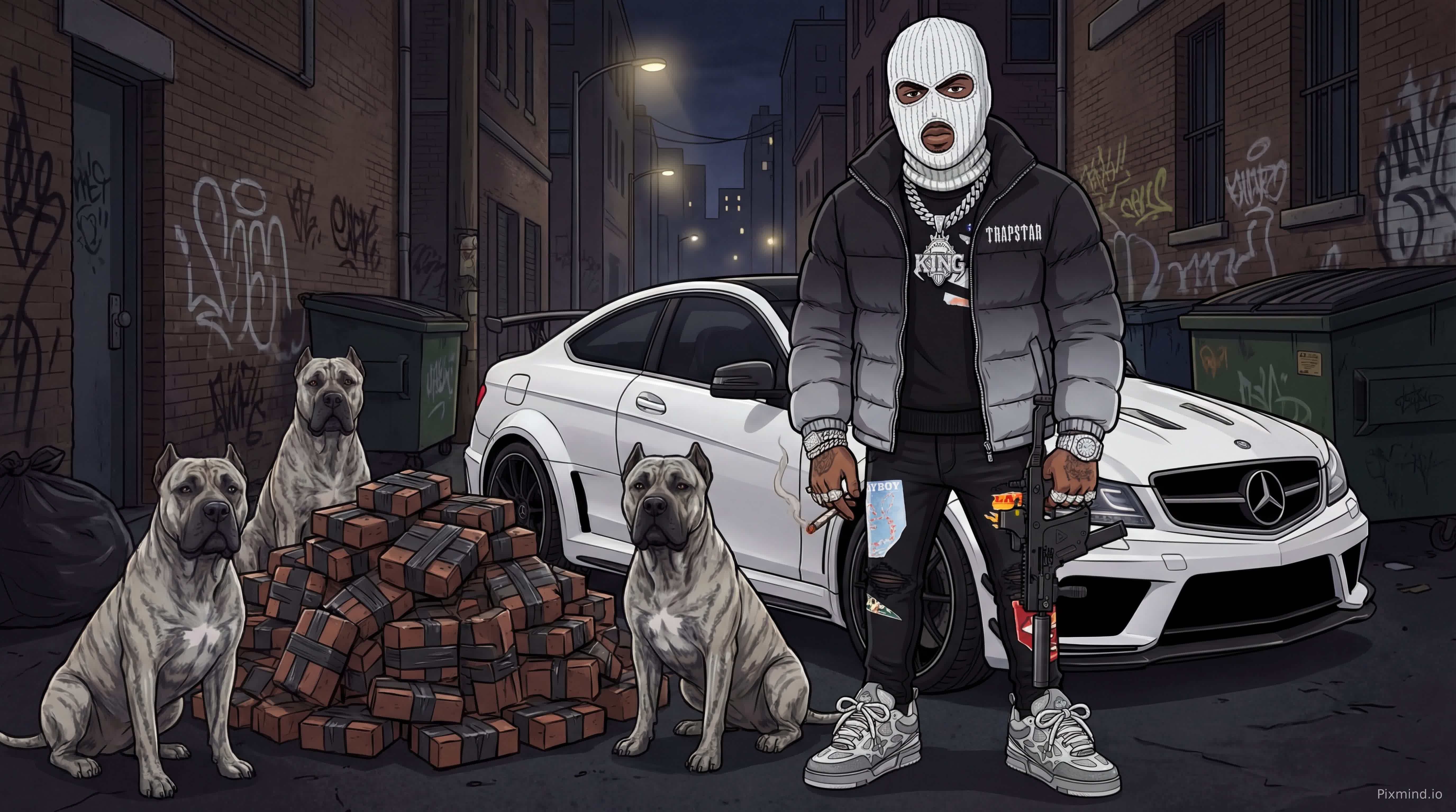 generate me a cartoon image of muscular guy wearing a white knit ski mask, a trapstar gradient puffer jacket zipped open with a black amiri sweater underneath with a diamond chain, also black amiri playboy jeans with grey louis vuitton skate sneakers, on his wrist he has diamond watches, bracelets and diamond rings on his fingers, he is holding a kriss vector in his right hand and in his left he is holding a long hand rolled white cigarette, he is in front of a white mercedes-Benz C63 amg at a dark urban alley during night. there also is a large pile of bricks covered with black duck tape. and there are four silver presa canario dogs next to the pile