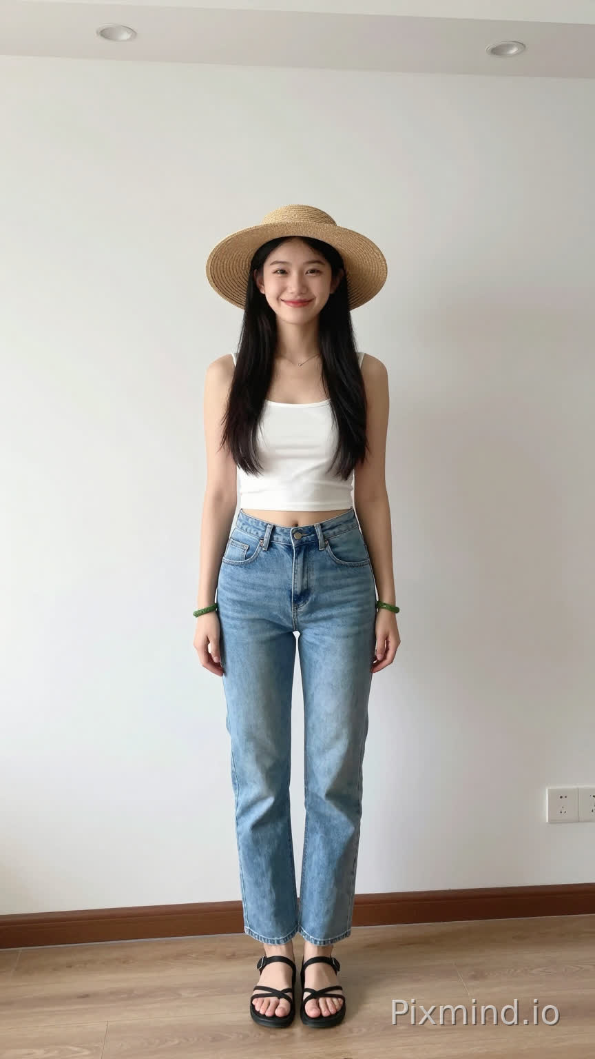 一位年轻的中国女孩的全身正面视角,她站在极简的室内环境中,构图居中。她留着长直黑发,瀑布般垂落在肩头,发质自然。她的面部表情温暖友好,带着温柔的微笑,眼睛微微弯起。她穿着一件紧身的白色吊带短上衣,肩胸处贴合,勾勒出纤细的上身线条。下半身是高腰浅蓝色直筒牛仔裤,带有轻微褪色效果,从臀部到脚踝呈直筒剪裁,裤脚刚好碰到脚背,形成干净利落的轮廓。脚上是黑色细带凉鞋,皮革带交叉编织,简约而休闲。她佩戴着一条精致的细链式项链,左右手腕上各戴着两个绿色编织手镯。头上戴着一顶宽边棕色草帽,帽檐宽度适中,微微遮挡面部,增添了夏日的氛围。背景是纯色的白墙,浅色木地板,墙边有一条细红棕色踢脚线,右侧墙上有一个电源插座面板。天花板为白色,装有嵌入式圆形筒灯。光线柔和均匀,来自正面或侧面,在她的面部和身体上投下轻微的阴影,增强了自然真实的感觉。整体风格写实逼真,注重衣物质感、肤色和自然姿势的细节再现,呈现出休闲舒适的日常穿搭美学。