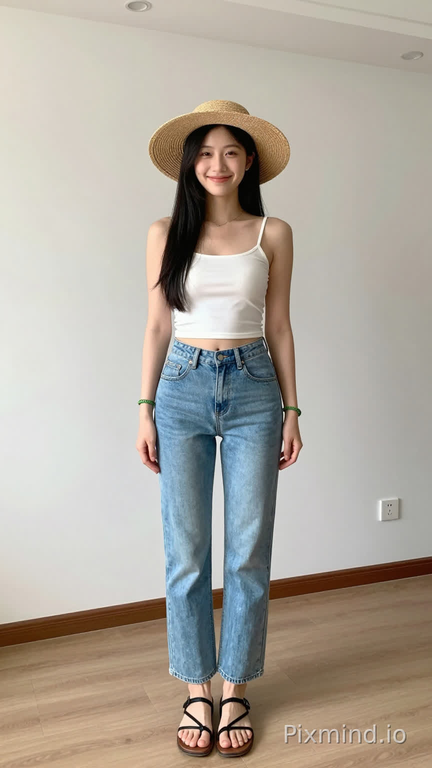 一位年轻的中国女孩的全身正面视角,她站在极简的室内环境中,构图居中。她留着长直黑发,瀑布般垂落在肩头,发质自然。她的面部表情温暖友好,带着温柔的微笑,眼睛微微弯起。她穿着一件紧身的白色吊带短上衣,肩胸处贴合,勾勒出纤细的上身线条。下半身是高腰浅蓝色直筒牛仔裤,带有轻微褪色效果,从臀部到脚踝呈直筒剪裁,裤脚刚好碰到脚背,形成干净利落的轮廓。脚上是黑色细带凉鞋,皮革带交叉编织,简约而休闲。她佩戴着一条精致的细链式项链,左右手腕上各戴着两个绿色编织手镯。头上戴着一顶宽边棕色草帽,帽檐宽度适中,微微遮挡面部,增添了夏日的氛围。背景是纯色的白墙,浅色木地板,墙边有一条细红棕色踢脚线,右侧墙上有一个电源插座面板。天花板为白色,装有嵌入式圆形筒灯。光线柔和均匀,来自正面或侧面,在她的面部和身体上投下轻微的阴影,增强了自然真实的感觉。整体风格写实逼真,注重衣物质感、肤色和自然姿势的细节再现,呈现出休闲舒适的日常穿搭美学。