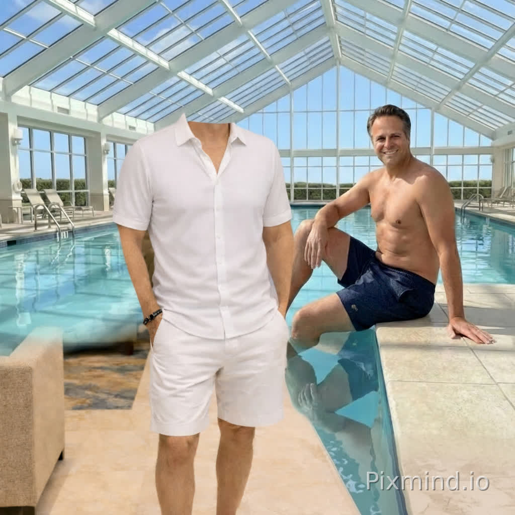 Use the face of image 1 and put it on image 2. Put image 2 in a blue swim suit and make him stand up by pool