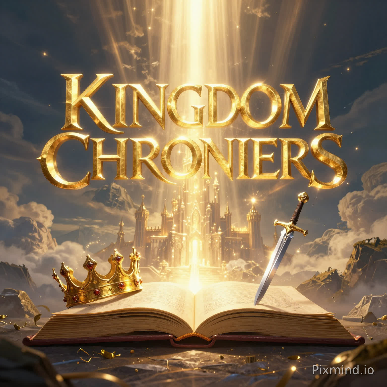 A breathtaking cinematic fantasy logo for “KINGDOM CHRONICLES”, massive glowing 3D gold medieval typography, radiant heavenly light beams breaking through dramatic clouds, an ancient open book emitting golden light in the foreground, a royal crown resting beside it, a majestic sword planted in the ground, a distant shining kingdom castle on a mountain, epic atmosphere, volumetric lighting, ultra detailed, photorealistic, divine ambiance, dramatic sky, cinematic composition, 8k resolution, fantasy movie poster style, symmetrical layout, highly polished, professional branding