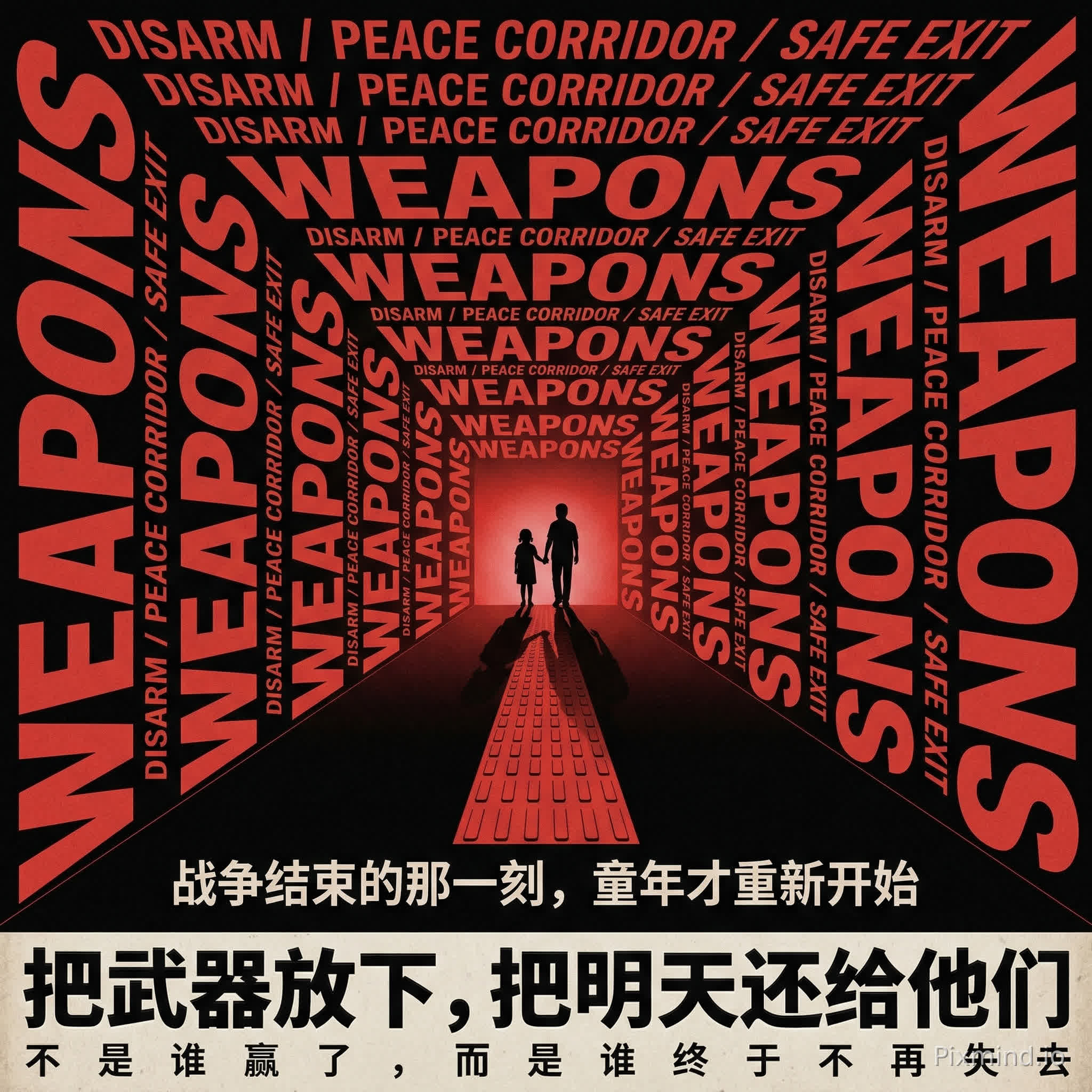 反战社会议题海报,极简但强冲击,中心透视通道由“WEAPONS”构成多层递进门洞,外层巨字压向画面中心,内层红光渐亮,一名儿童与成人剪影牵手站在远端,地面黑色沥青与红色导向块形成节奏,整体黑底血红字、硬阴影、旧印刷纸张纹理与噪点;上图文字:主标题“把武器放下,把明天还给他们”使用几何无衬线重黑体、厚描边与轻凹凸压印、字号最大、底部居中,副标题“战争结束的那一刻,童年才重新开始”画面中下部居中,说明文字“不是谁赢了,而是谁终于不再失去”使小号、底部单行横排,符号文字“DISARM / PEACE CORRIDOR / SAFE EXIT”使用等宽斜体粗字、透视扭曲连续复制、字号随纵深递减、覆盖顶面与左右墙体;排版要求主次分明、留白合理、所有文字边界清晰可读