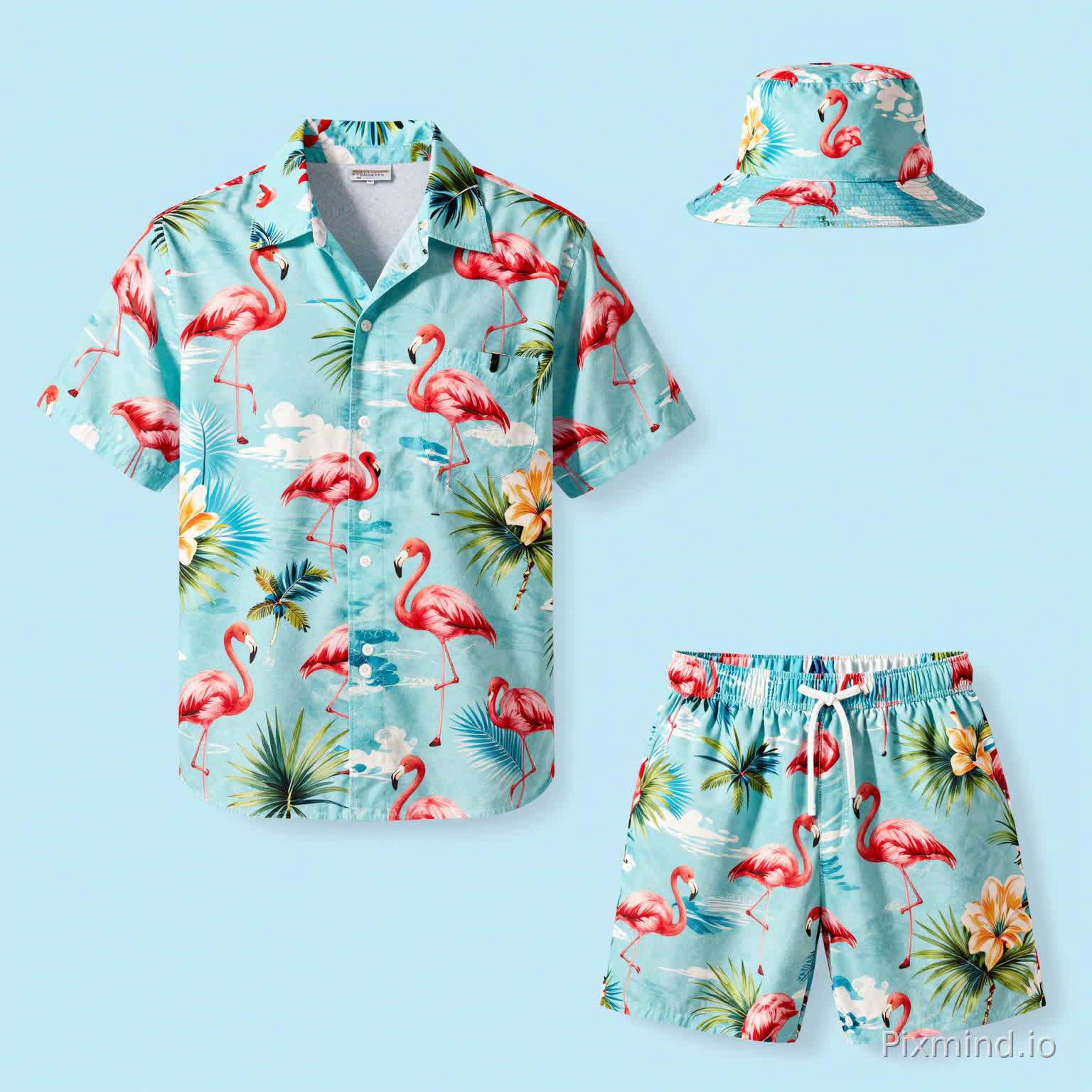 Generate a complete Hawaiian-style outfit set, including a short-sleeved Hawaiian shirt, Hawaiian shorts, and a bucket hat. The overall design features flamingos in bright, fresh colors, evoking a summer vacation vibe. The shirt has a loose, short-sleeved fit, the shorts are comfortable and casual, and the bucket hat matches the print, creating a unified and coordinated style suitable for beach, vacation, and summer leisure settings. (Features a European/American adult male model.)