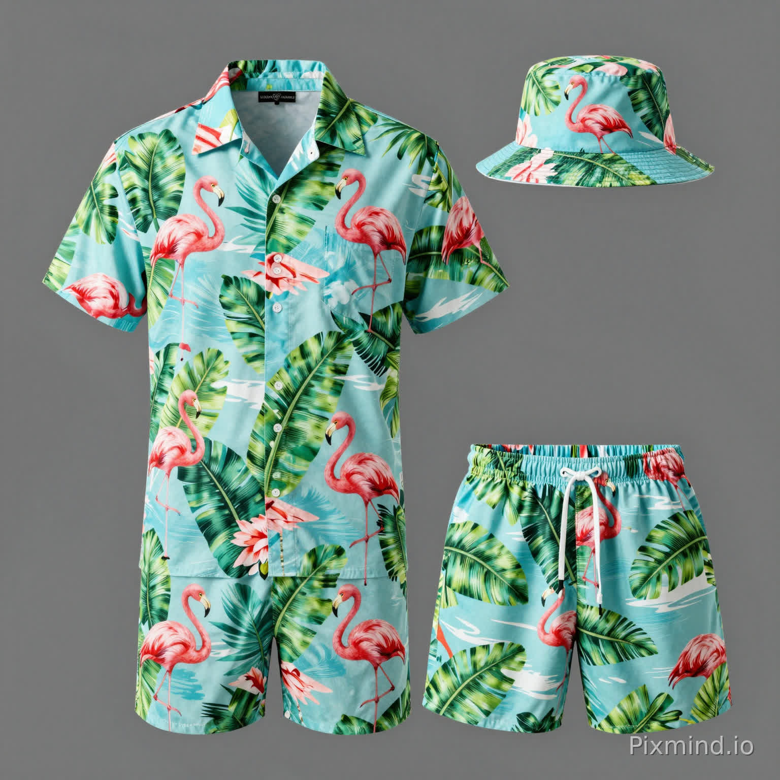 Generate a complete Hawaiian-style outfit set, including a short-sleeved Hawaiian shirt, Hawaiian shorts, and a bucket hat. The overall design incorporates Hawaiian elements (banana leaves, flamingos), with bright and fresh colors, exuding a summer vacation vibe. The shirt features a loose, short-sleeved fit, the shorts are comfortable and casual, and the bucket hat matches the print, creating a unified and coordinated style suitable for beach, vacation, and summer leisure settings. (Features a European/American adult male model.)