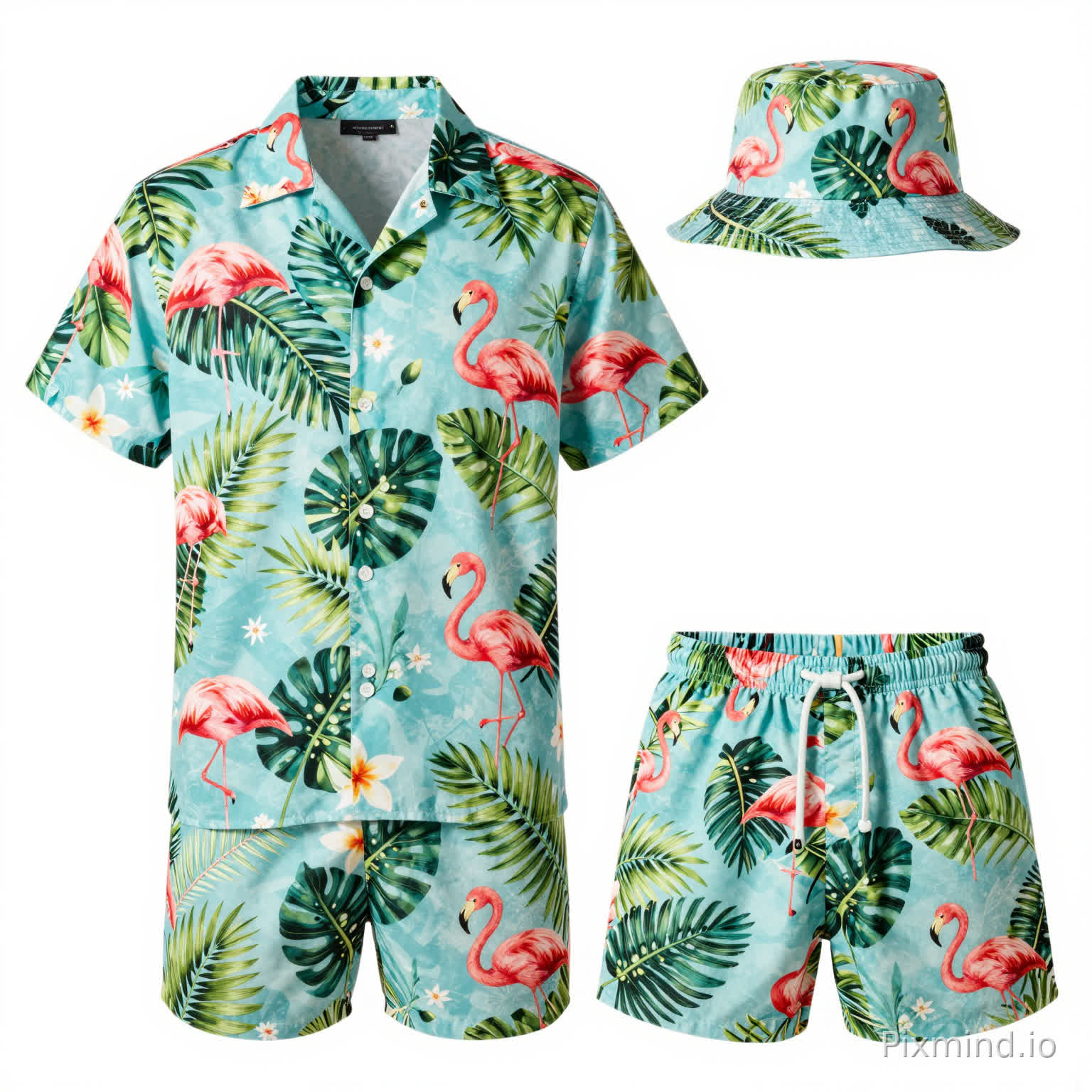 Generate a complete Hawaiian-style outfit set, including a short-sleeved Hawaiian shirt, Hawaiian shorts, and a bucket hat. The overall design incorporates Hawaiian elements (leaves, flamingos), with bright and fresh colors, exuding a summer vacation vibe. The shirt features a loose, short-sleeved fit, the shorts are comfortable and casual, and the bucket hat matches the print, creating a unified and coordinated style suitable for beach, vacation, and summer leisure settings. (Features a European/American adult male model.)