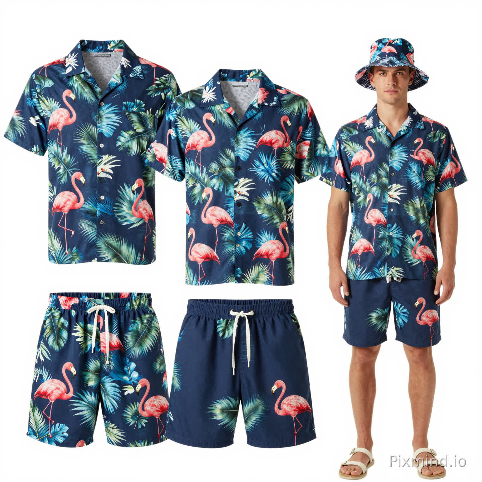 帮我生成图片:帮我生成图片:帮我生成图片:生成一套完整的夏威夷风格穿搭套装,包含短袖夏威夷衬衫、夏威夷短裤和渔夫帽。整体采用夏威夷元素(火烈鸟),色彩明亮清新,充满夏日度假感。衬衫为宽松短袖版型,短裤舒适休闲,渔夫帽搭配同款印花,风格统一协调,适合海边、度假、夏日休闲场景,带欧美成人男性模特,暗蓝色风格
