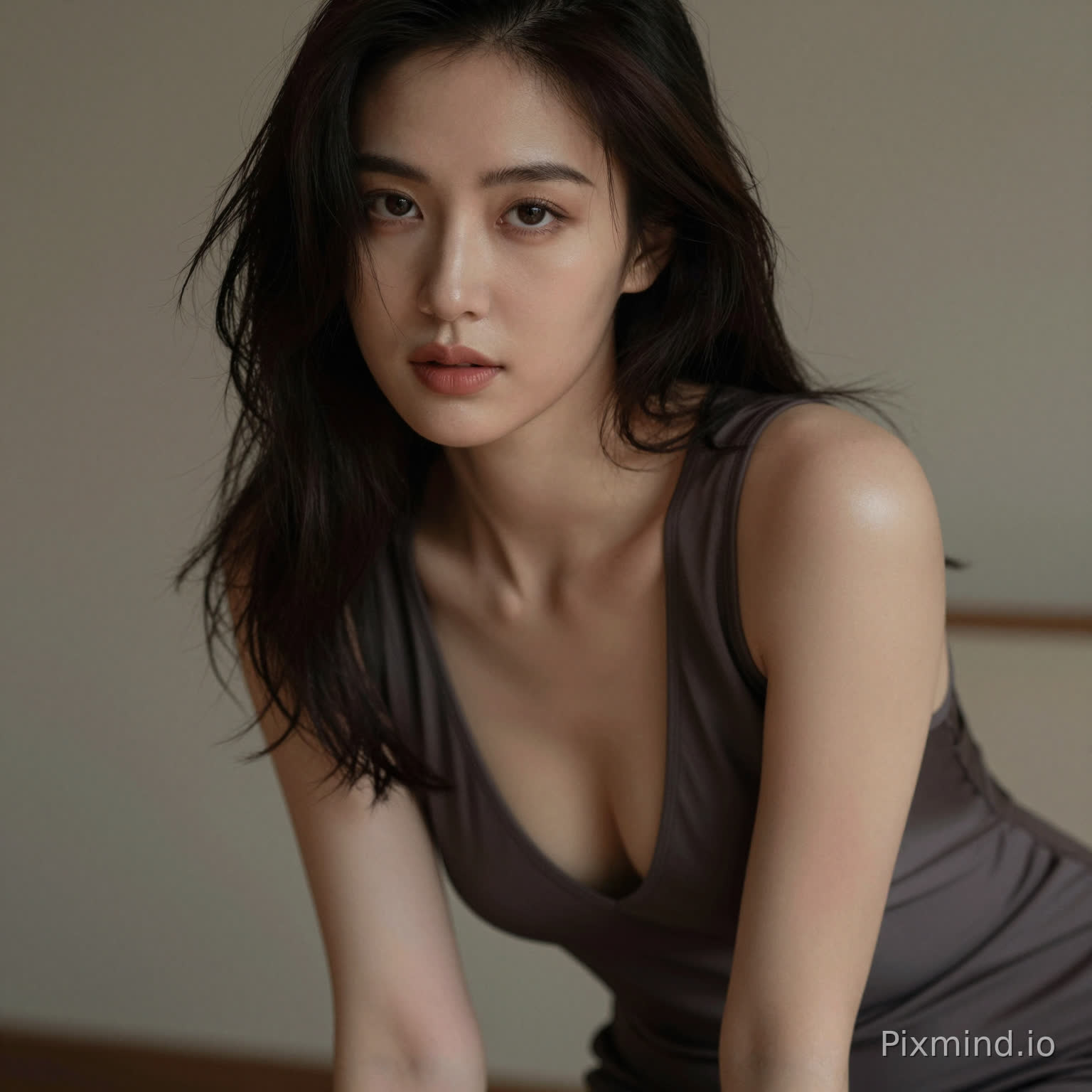 A sensual woman leaning slightly forward, deep neckline dress, subtle cleavage, inviting gaze, soft focus background, intimate framing, realistic skin highlights, moody lighting, editorial sensual photography