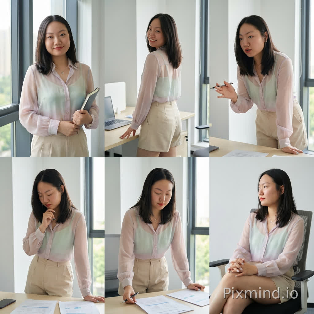 Generate a set of fashionable portrait photos with 5 different poses. The outfit should be youthful, soft, and subtly alluring, featuring a sheer chiffon blouse and shorts, set in an office environment. The character may be facing forward, turning back for an over-the-shoulder glance, leaning slightly forward as if giving a lesson, or looking down in quiet thought, among other scenes. The person should have a slim figure, a full bust, and a slender waist, with a tasteful emphasis on charming cleavage and shapely curves. Preserve the character’s original facial features, with slight face slimming if appropriate, and keep the expression natural. The images should look realistic and should not be overly retouched.