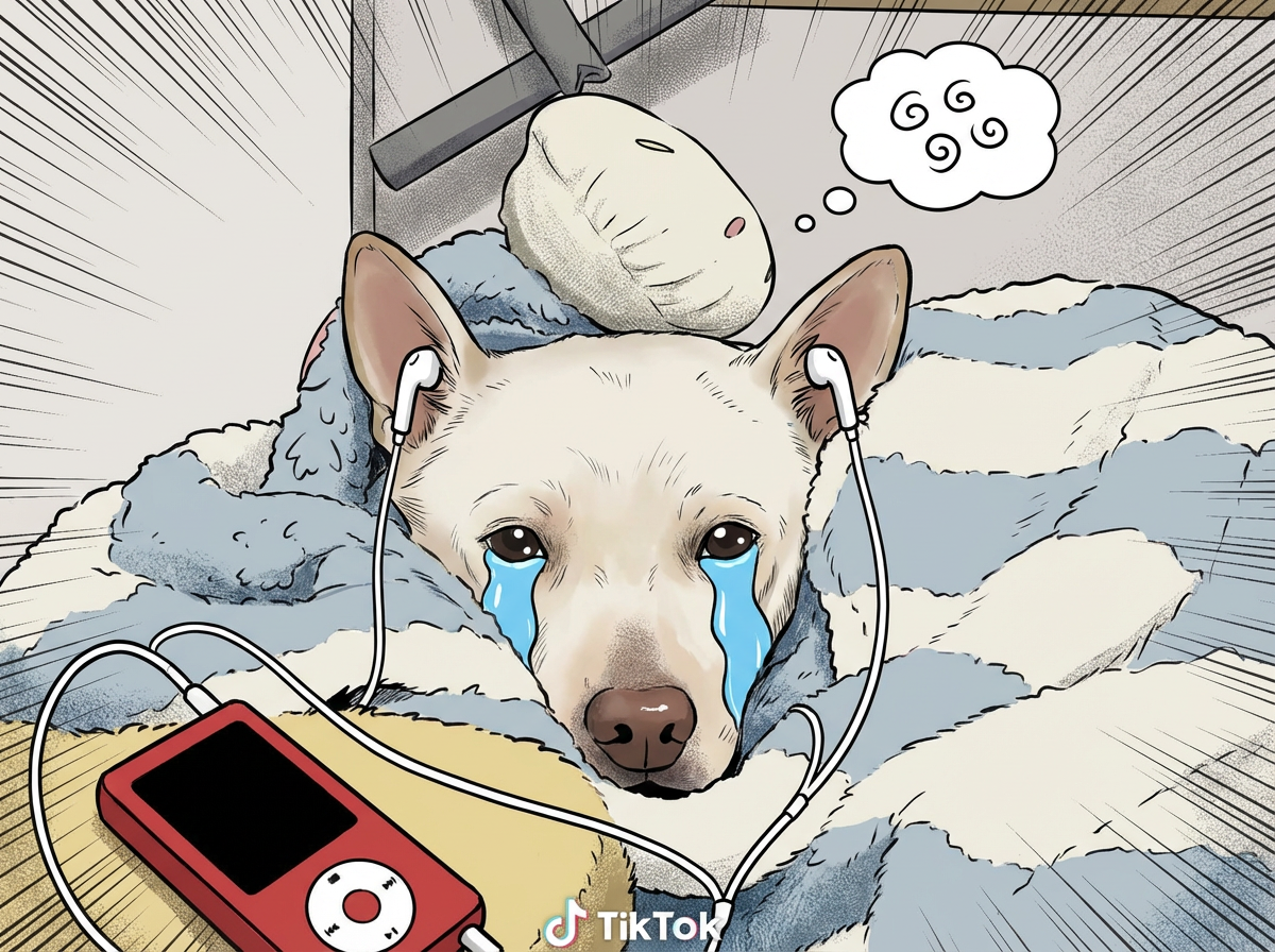 Use Image 1 to generate a manga like Image 2, adding tears, headphones, and the manga elements from the picture.