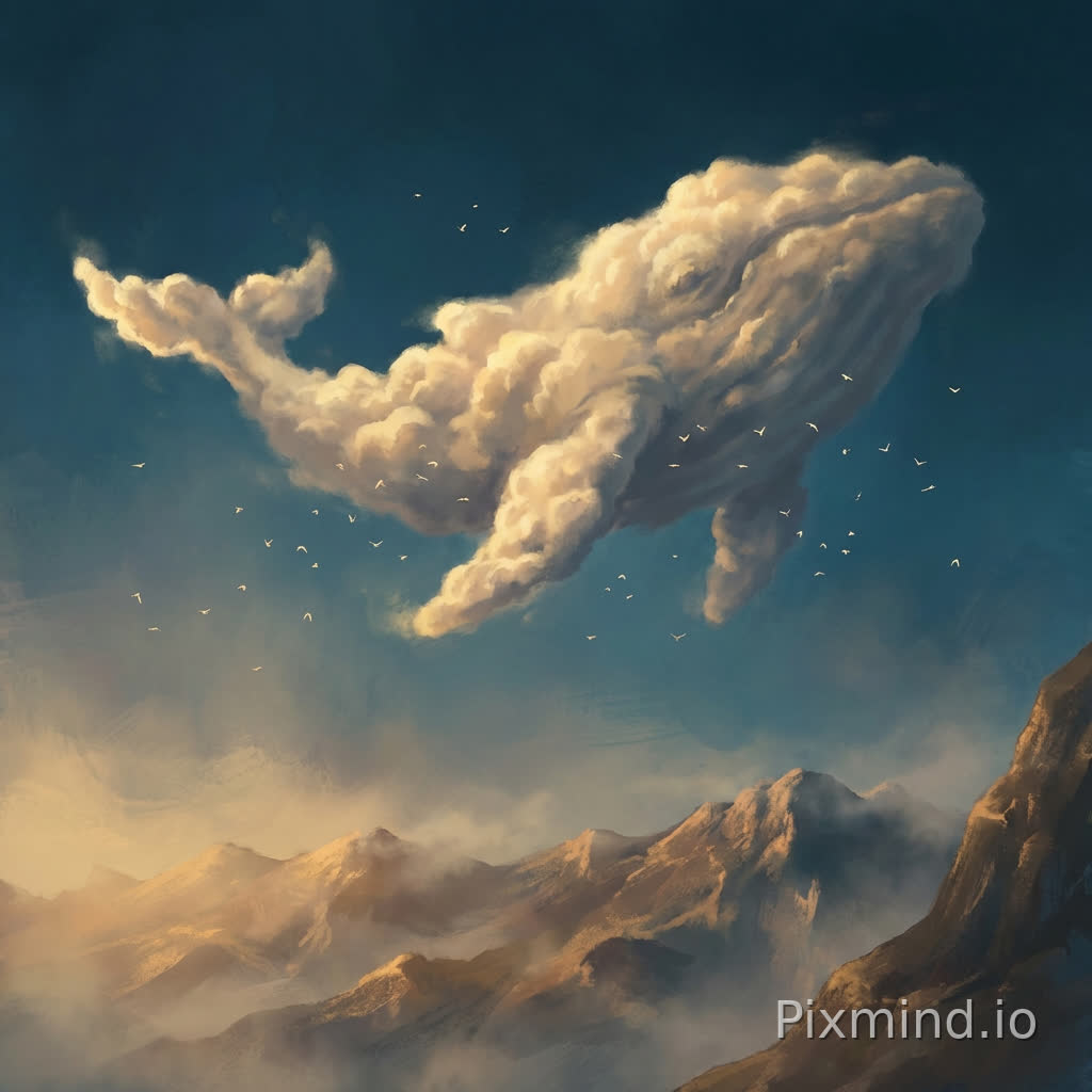 A surreal dreamscape showing a giant whale formed entirely out of white fluffy cumulus clouds, swimming through a deep blue sky above a mountain range. Small birds are flying around the cloud whale. The lighting represents golden hour, illuminating the edges of the cloud shapes. Dreamy atmosphere, fantasy art style, detailed matte painting, sense of wonder and scale.