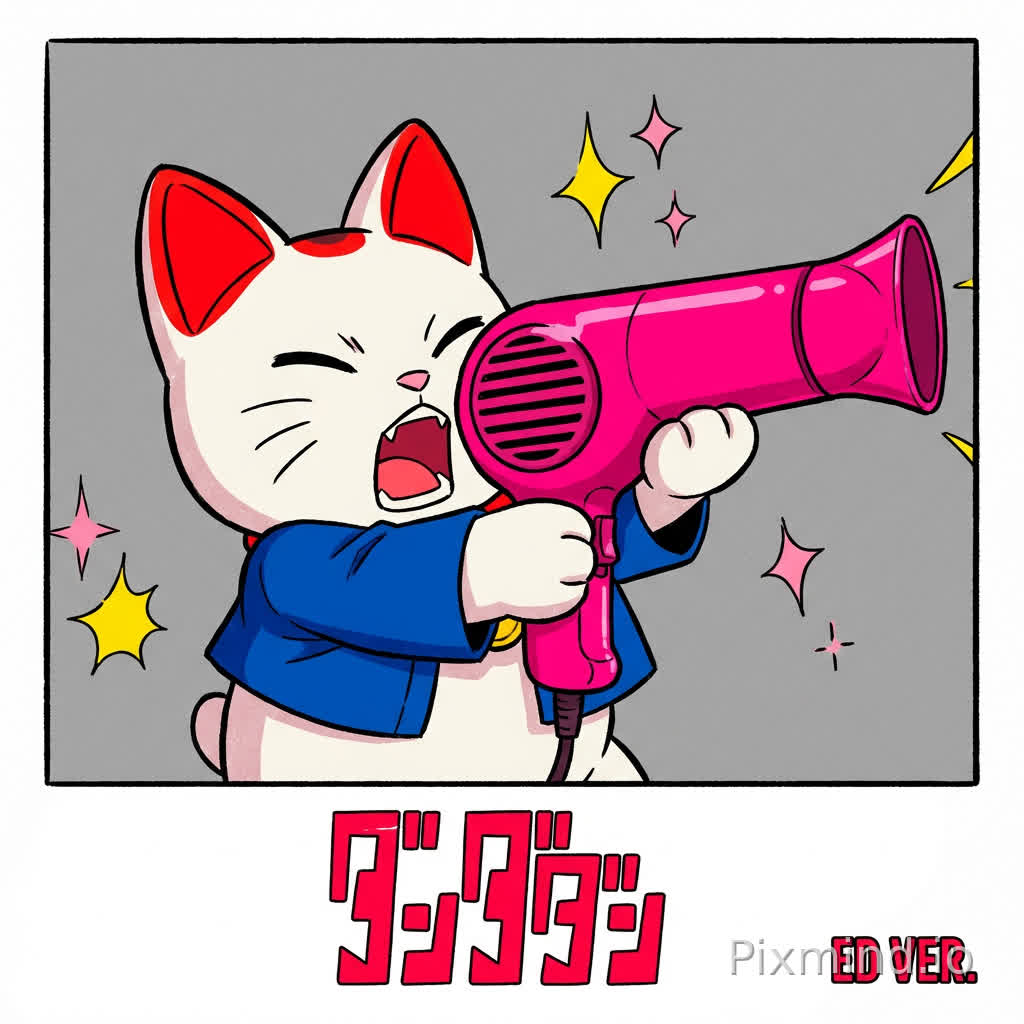 An anime screencap in the style of "Dandadan" ED. A white anthropomorphic Maneki Neko (Lucky Cat) with red ears holding a hot pink hairdryer with both paws as if it were a weapon. The cat has a fierce, shouting expression. Flat 2D shading, vibrant pop-art colors, sharp outlines, minimalist grey background. High quality, precise anatomy for stylized character.