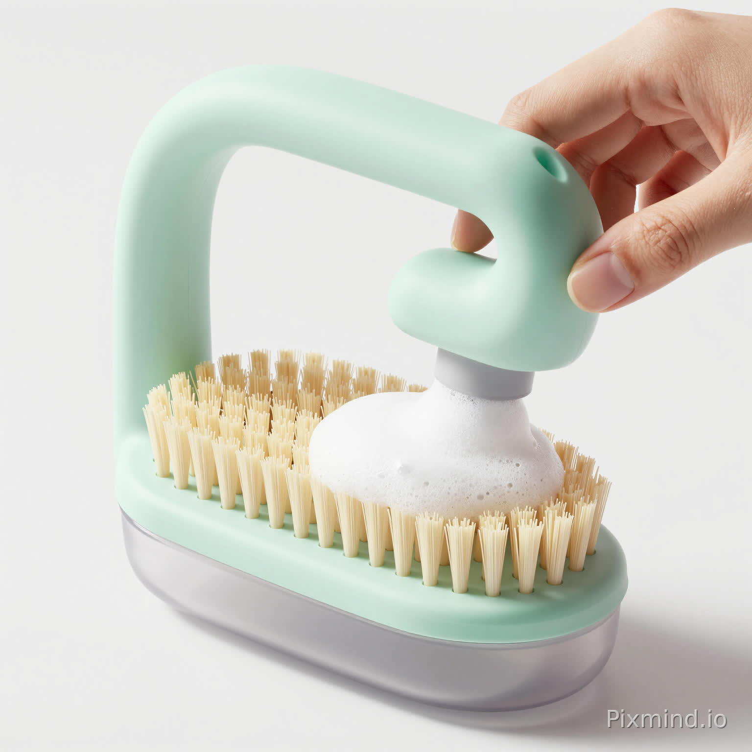 Innovative manual foaming silicone shampoo brush, modern industrial product design.
The product consists of two parts: a transparent liquid reservoir and a soft silicone brush head.
The top features an ergonomic handle with a finger-loop grip, allowing the user to insert fingers for a secure hold and easy one-hand operation.
The bottom is a dense array of soft silicone bristles for scalp massage and hair washing. When the silicone bristle area is pressed, shampoo stored in the internal reservoir is pushed through an internal foaming structure, creating rich foam that releases between the bristles.
A small side button is integrated on the reservoir to manually dispense foam.
Rounded edges, minimalistic aesthetic, soft consumer product design similar to baby-care products.
Materials: matte silicone + semi-transparent container.
Color scheme: soft pastel colors such as mint green, warm beige, light gray, soft pink.
3D product rendering, studio lighting, white background, industrial design concept, high detail, modern ergonomic consumer product.