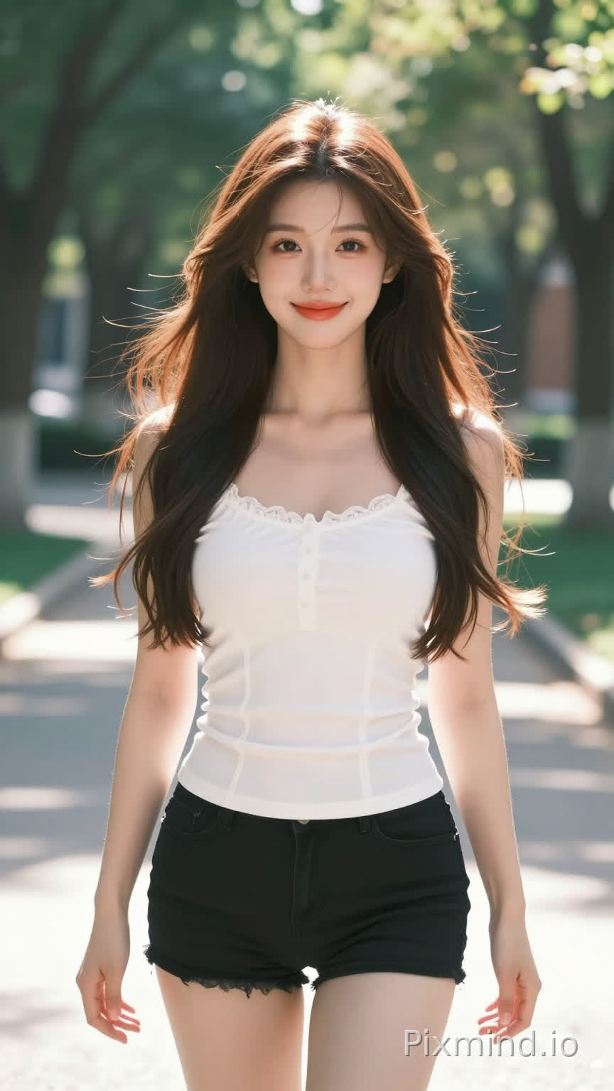 画面中心站立着一位20岁左右的绝美少女,拥有一种令人窒息的纯真与诱惑并存的纯欲气质。她有着如丝绸般柔顺飘逸的棕色长发,发丝质感极致细腻,在阳光下闪烁着微光。她的皮肤白皙如雪,妆容清淡而精致,五官刻画极度完整:高挺的鼻梁,红润细腻的薄唇,正对着镜头展露甜美而治愈的微笑,眼神温柔深情。她身穿一件设计优雅的法式白色上衣,完美勾勒出纤细的腰身,搭配一条黑色短裤,展现出匀称紧实的身材和绝美的体态。
背景设定在充满青春气息的大学校园内,她正漫步在林荫道上。光影效果极佳,明媚的阳光洒在身上,形成绚丽的五彩光斑和梦幻的轮廓光,面部补光柔和自然,突显肌肤的通透质感。
艺术风格融合了超现实主义与精致的漫画风,呈现出2.5D的极致美感。这是一幅大师级的杰作,拥有8K超高分辨率和电影级的画质。画面细节极端丰富,从发丝的飘动到衣物的褶皱都逼真写实,色彩鲜艳明快,构图完美,展现出一位绝世佳人的女神风采。
