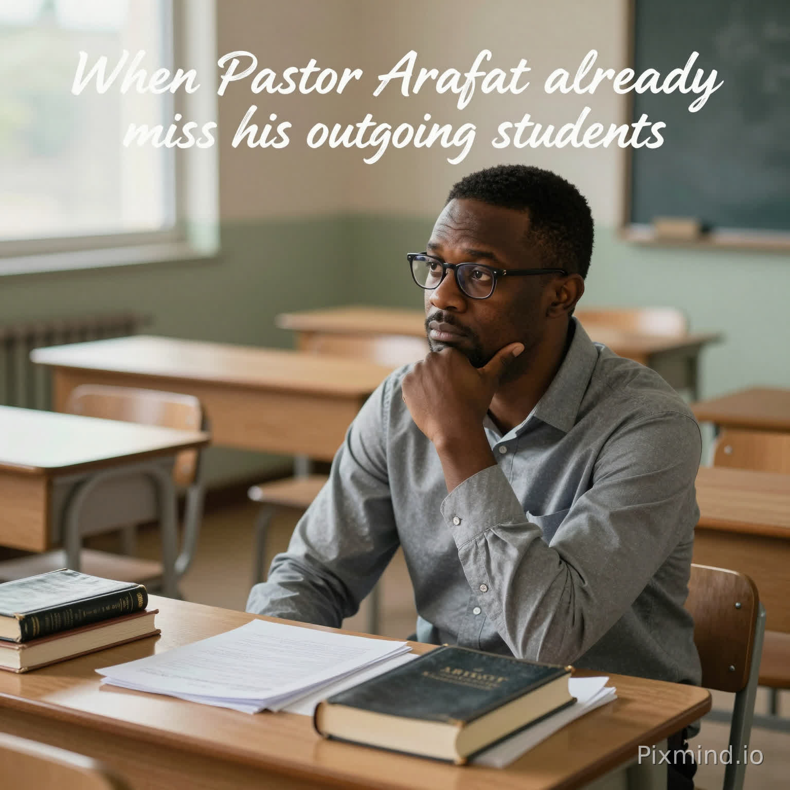 A realistic, emotional portrait of a Black male teacher and pastor named Arafat, sitting pensively at his wooden desk in an empty classroom, missing his outgoing students. He has warm brown skin, short black hair, kind eyes filled with nostalgia, wearing a collared shirt and glasses, one hand on his chin, gazing sadly at empty student desks in the foreground. Soft natural light from a window illuminates the scene warmly, with books, papers, and a Bible scattered on the desk; blurred classroom background emphasizes solitude and longing. Vertical 9:16 aspect ratio. Overlay elegant white cursive text at the top: "When Pastor Arafat already miss his outgoing students". High detail, photorealistic, heartfelt mood. (