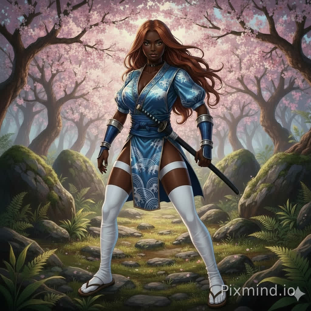 Her feet are fully covered up with white tabi rather than open toed. Her tabi is above her knees. Remove two white strips. But keep sandals. Create Sakura in same semi-realistic style. Less anime style. Not different art style. All details are same. Same background.