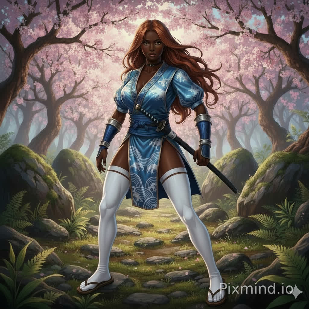 Her feet are fully covered up with white tabi rather than open toed. Her tabi is above her knees. No white strips. But keep sandals. Create Sakura in same semi-realistic style. Less anime style. Not different art style. All details are same. Same background.