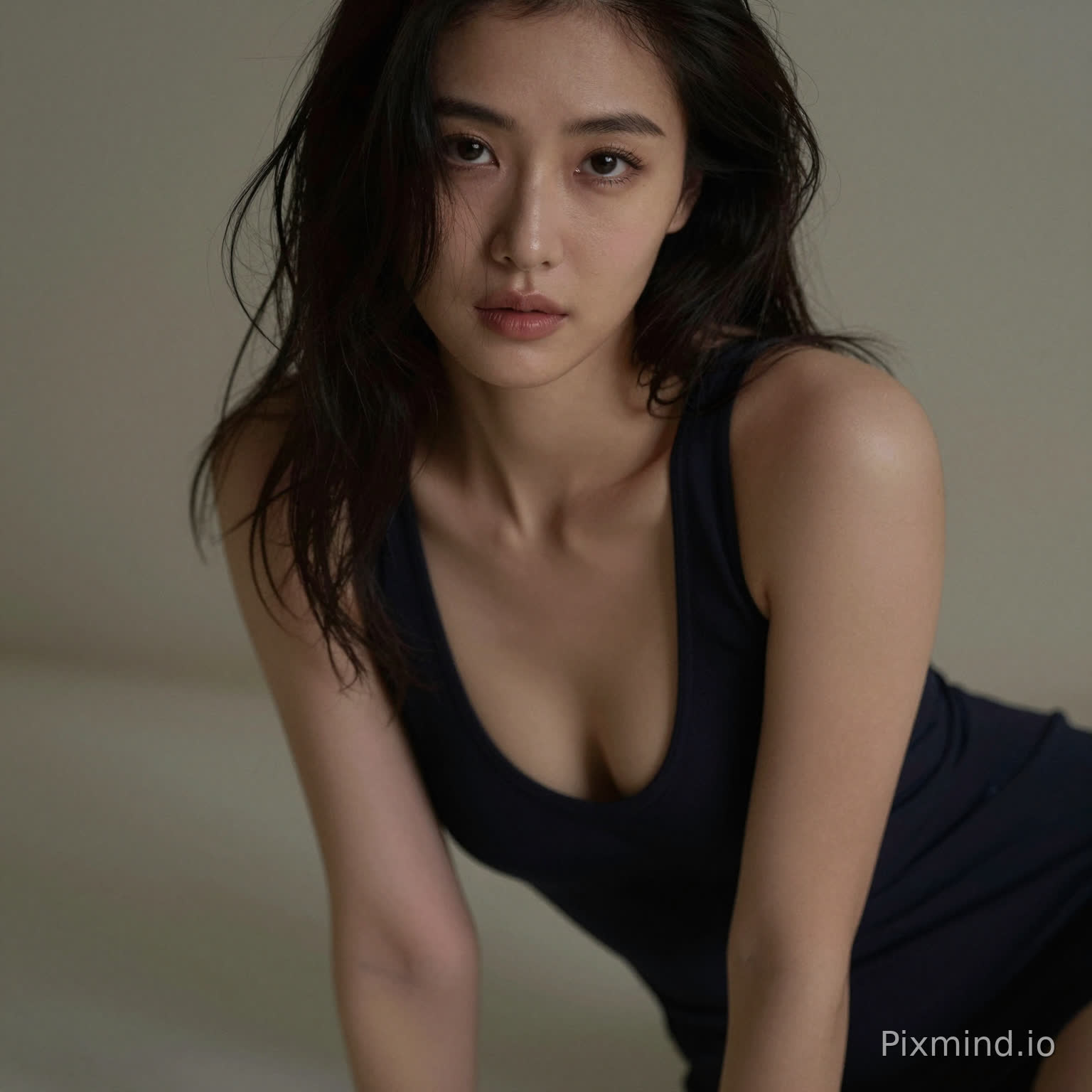 A sensual woman leaning slightly forward, deep neckline dress, subtle cleavage, inviting gaze, soft focus background, intimate framing, realistic skin highlights, moody lighting, editorial sensual photography