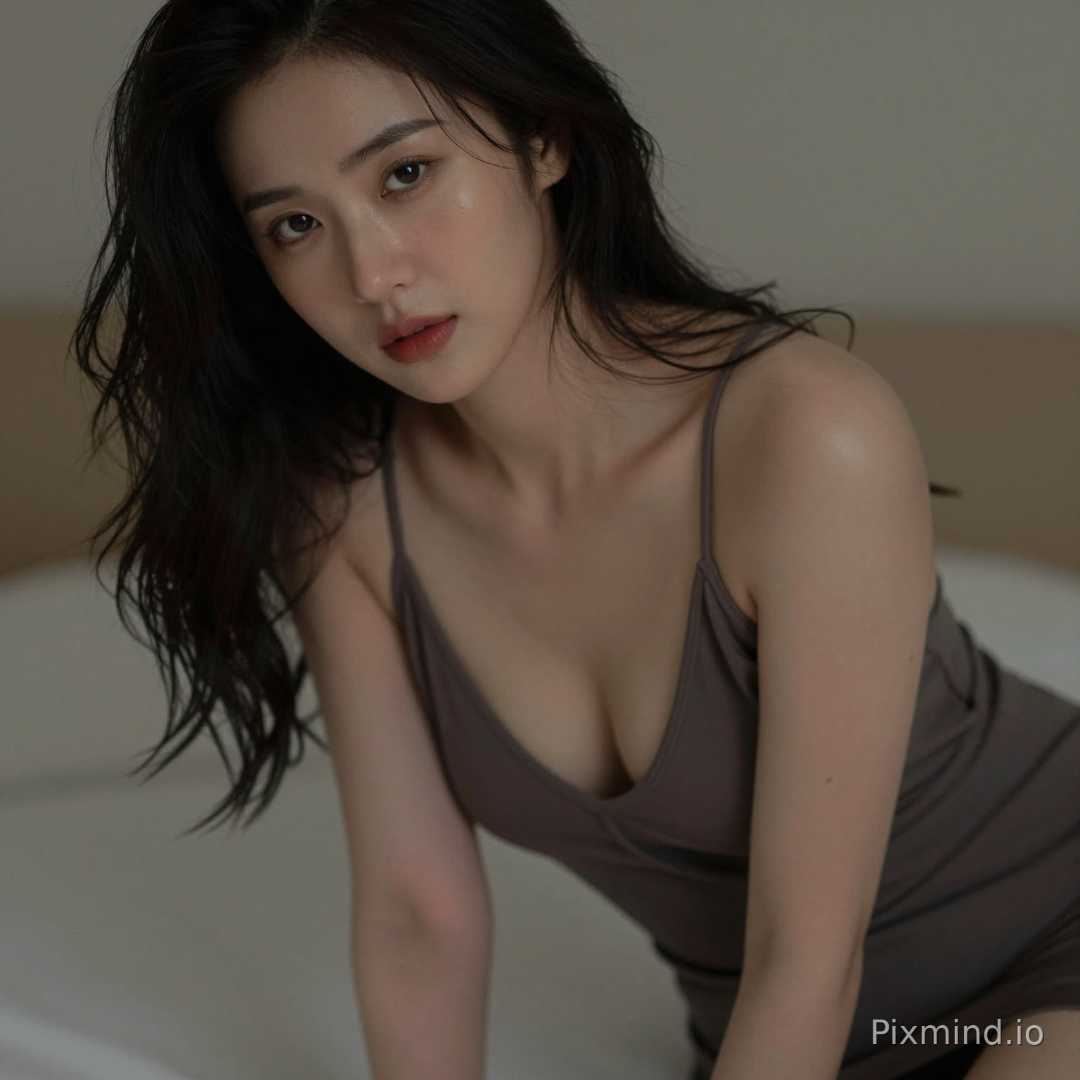 A sensual woman leaning slightly forward, deep neckline dress, subtle cleavage, inviting gaze, soft focus background, intimate framing, realistic skin highlights, moody lighting, editorial sensual photography