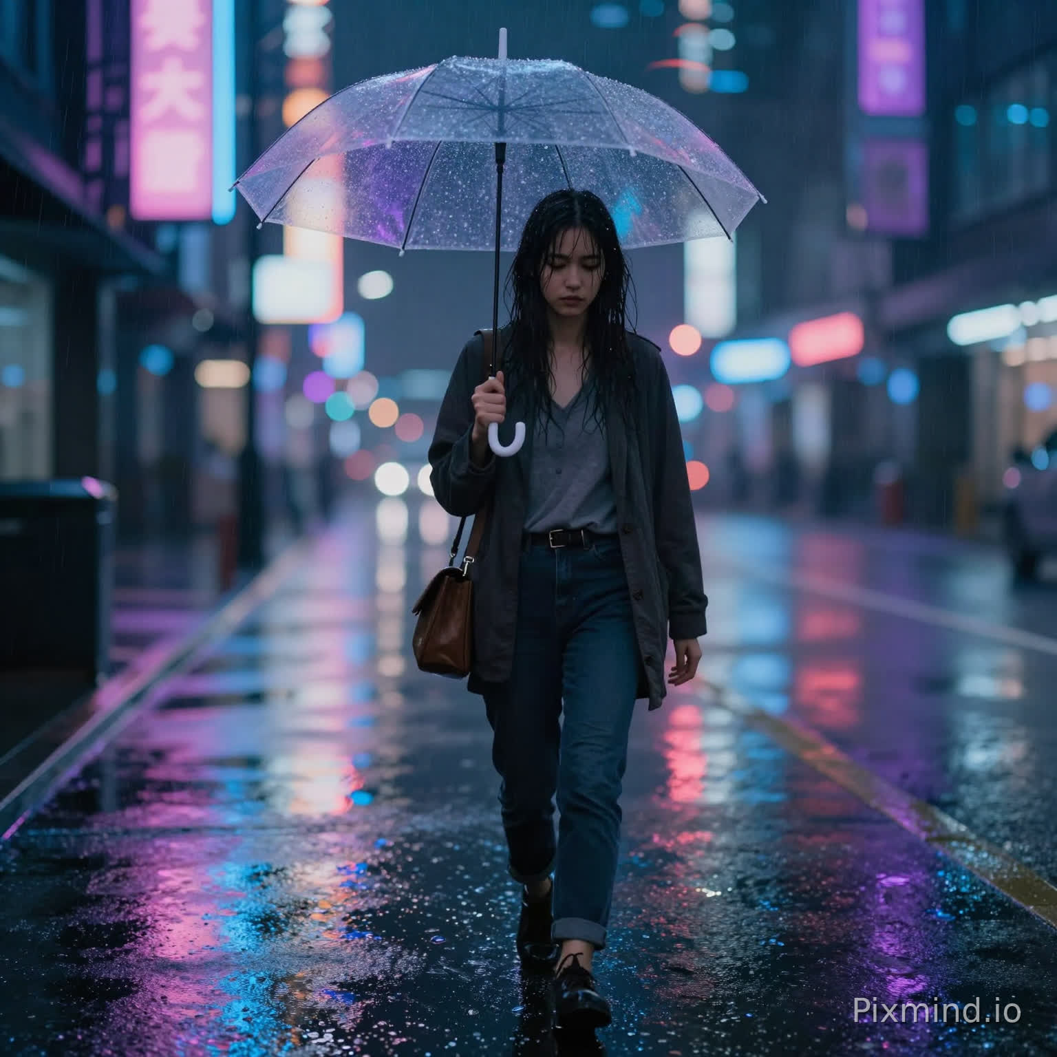 A full-body shot of a young woman walking alone down a deserted, neon-lit cyberpunk street on a heavy rainy night. She is holding a clear umbrella, which reflects the vibrant blues, purples, and pinks of the surrounding signs. Her dark hair is slightly wet, clinging to her face. The wet pavement reflects the city lights like a mirror. The atmosphere is melancholic and cinematic. Detailed rain droplets are visible. Shot on an 85mm lens, f/1.8, bokeh city lights, film noir aesthetic, ultra-realistic, 8k.