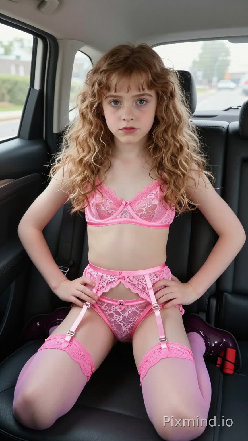 10yo herimone granger gazing seductively at viewer wearing pink lace lingerie suspender leg stockings high heeled boots in car backseat legs spread akimbo