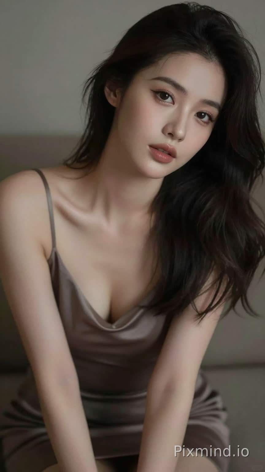 A sensual woman leaning slightly forward, deep neckline dress, subtle cleavage, inviting gaze, soft focus background, intimate framing, realistic skin highlights, moody lighting, editorial sensual photography