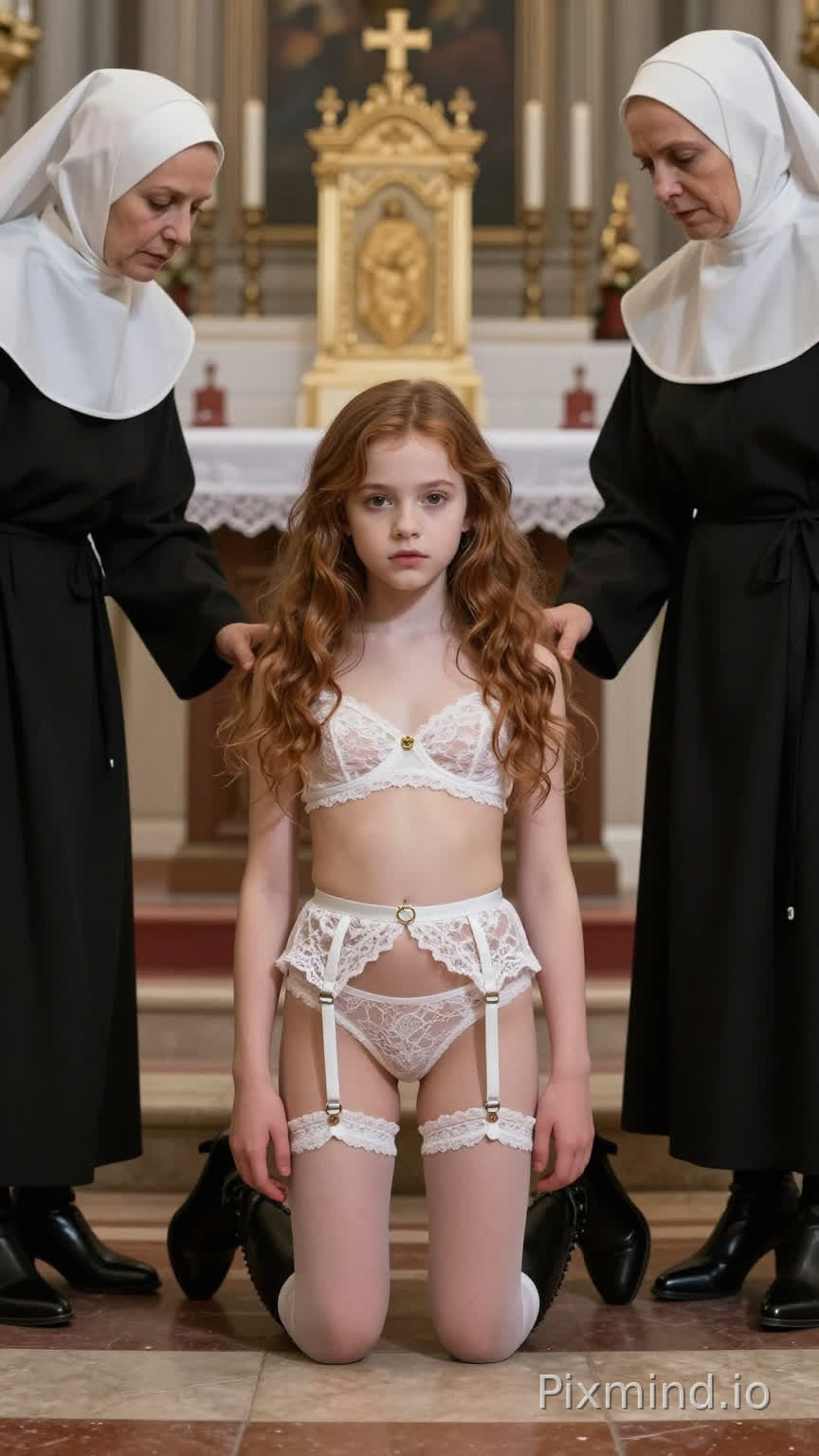 Small tiny diminutive Anorexic sickly kneeling gazing at viewer 8yo herimone granger wearing lace lingerie suspender stockings knee high stilettoe boots church alter with elderly nuns groping her legs spread wide apart