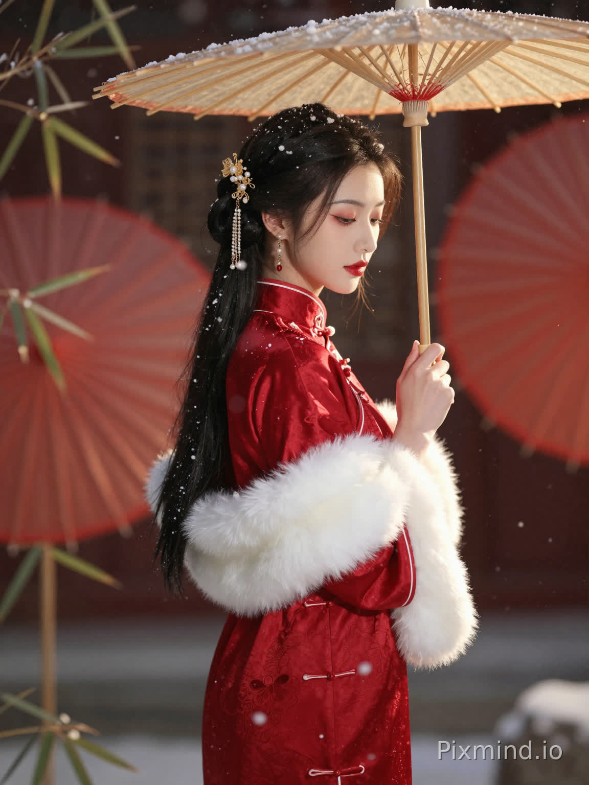 一位身着传统红色旗袍的中国美女,旗袍上绣有精致的刺绣花纹,她侧身站在一片雪中冬景里。乌黑的长发上点缀着金色发簪与珍珠饰品,双手戴着白色毛护腕。右手握着一把浅色油纸伞,背景中还能看到另一把红色油纸伞。空中飘洒着雪花,营造出宁静浪漫的氛围。光线柔和温暖,突出了旗袍面料的光泽,深色背景则进一步强调了主体与飘落的雪花。场景以超写实手法呈现,丝绸、竹子、皮毛的纹理清晰可见,女子妆容精致,包括红唇彩与眼角外侧的红色眼妆。画面为8K分辨率,采用电影式构图,背景柔焦处理而主体细节锐利,柔和的轮廓光勾勒出她的剪影,整体带有一种梦幻而怀旧的气息。