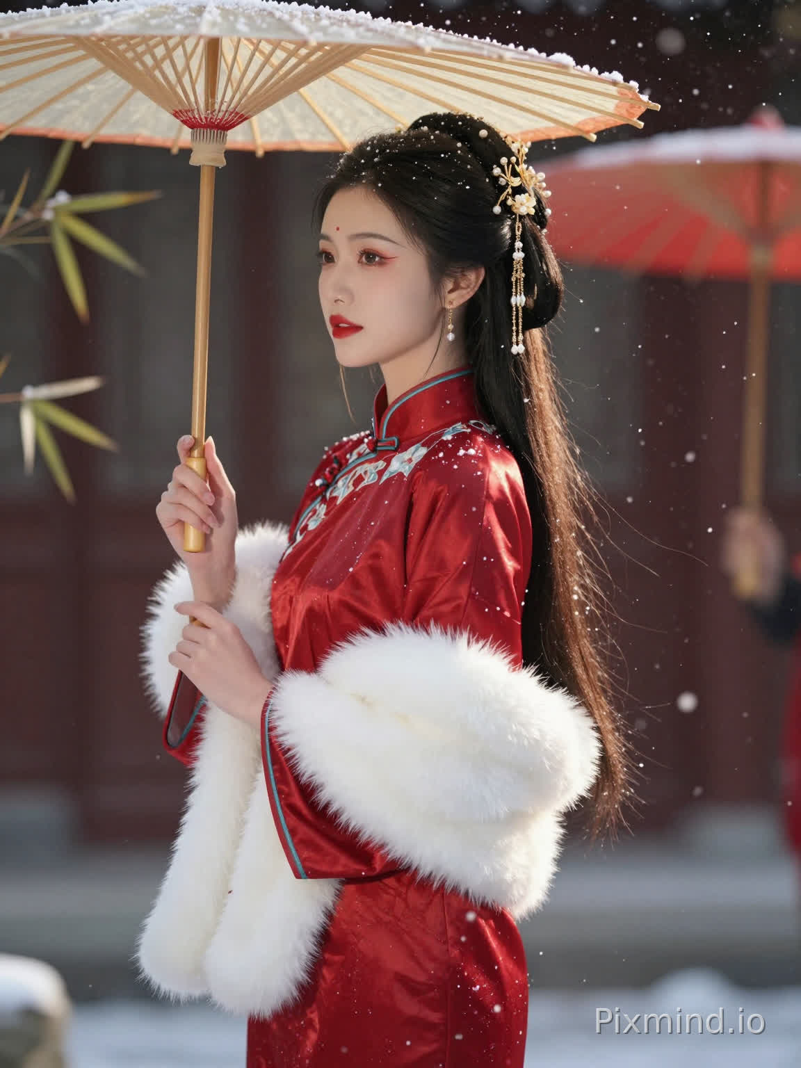 一位身着传统红色旗袍的中国美女,旗袍上绣有精致的刺绣花纹,她侧身站在一片雪中冬景里。乌黑的长发上点缀着金色发簪与珍珠饰品,双手戴着白色毛护腕。右手握着一把浅色油纸伞,背景中还能看到另一把红色油纸伞。空中飘洒着雪花,营造出宁静浪漫的氛围。光线柔和温暖,突出了旗袍面料的光泽,深色背景则进一步强调了主体与飘落的雪花。场景以超写实手法呈现,丝绸、竹子、皮毛的纹理清晰可见,女子妆容精致,包括红唇彩与眼角外侧的红色眼妆。画面为8K分辨率,采用电影式构图,背景柔焦处理而主体细节锐利,柔和的轮廓光勾勒出她的剪影,整体带有一种梦幻而怀旧的气息。