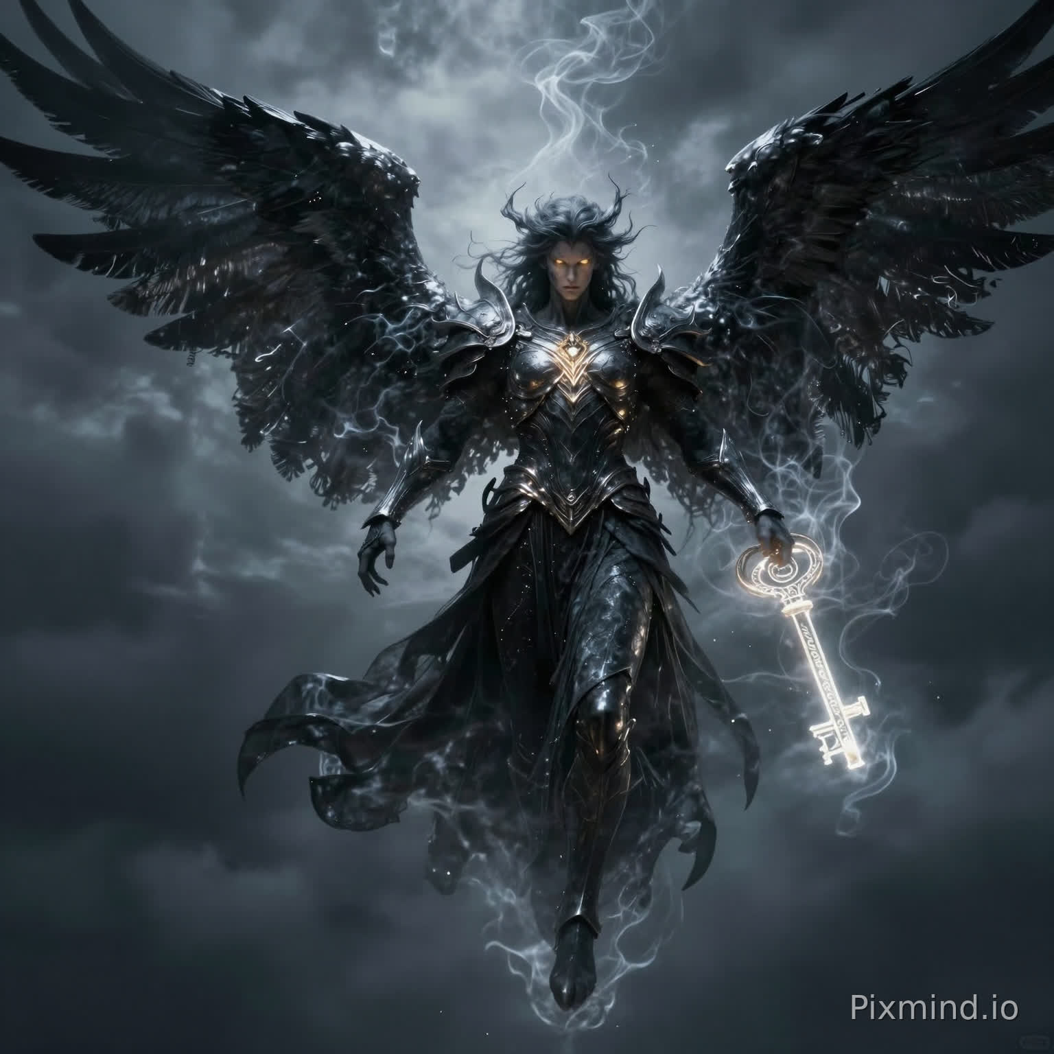 Cinematic fallen angel descending from dark stormy sky, tall humanoid form, powerful semi-transparent aura, large dark gray-black wings with faint silver streaks, human-like face with glowing golden eyes, dark metallic armor on chest and shoulders, flowing shadow robes, holding a large glowing ancient key with ancient symbols, faint smoky tendrils rising from wings and feet, dramatic lighting, volumetric smoke, ultra-realistic 4K, epic biblical apocalypse style, mysterious and awe-inspiring tone, slow cinematic camera movement, high detail