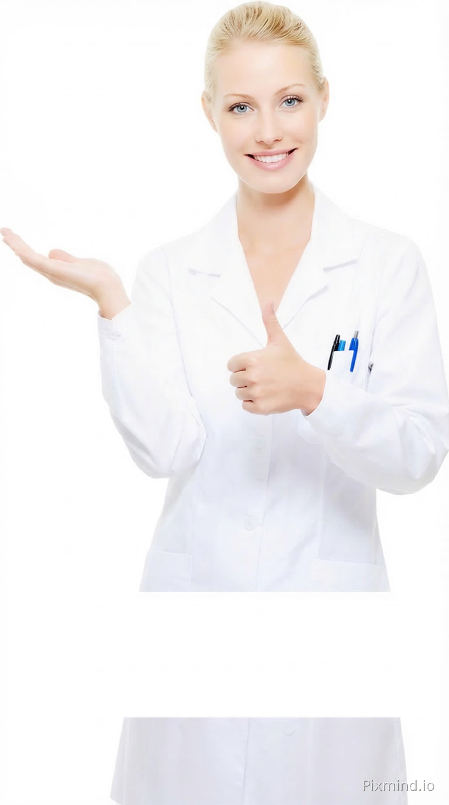 Left hand making a holding gesture, right hand giving a thumbs up at chest level, beautiful foreign woman with blonde hair and blue eyes, smiling, wearing a white lab coat.