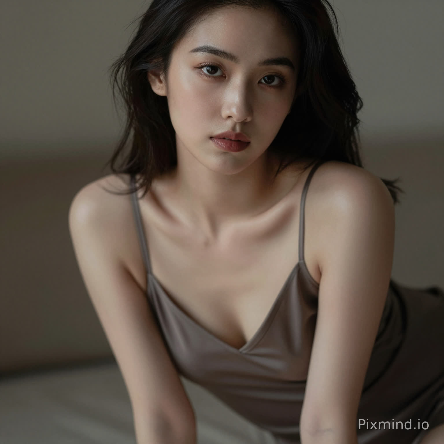 A sensual woman leaning slightly forward, deep neckline dress, subtle cleavage, inviting gaze, soft focus background, intimate framing, realistic skin highlights, moody lighting, editorial sensual photography