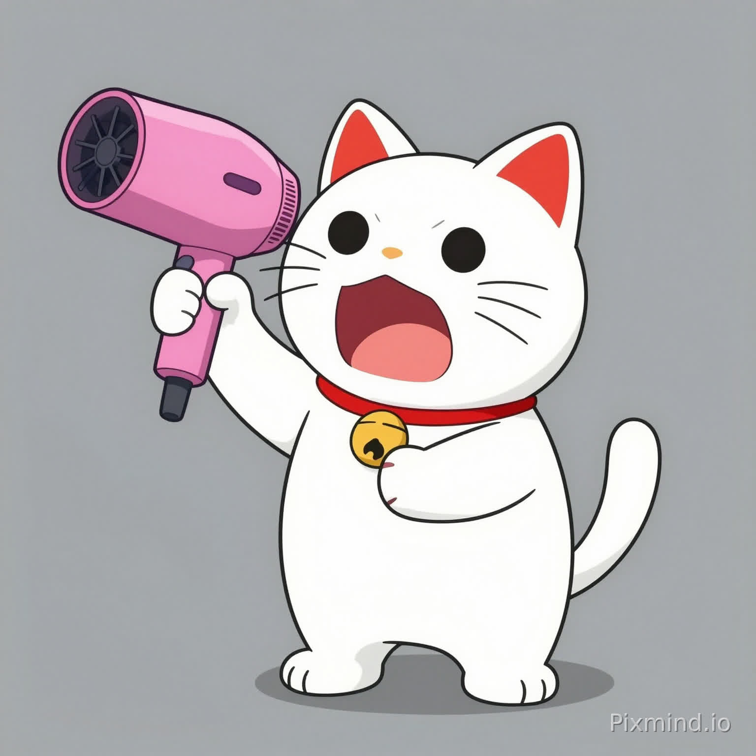 An anime screencap in the style of "Dandadan" ED. A white anthropomorphic Maneki Neko (Lucky Cat) with red ears holding a hot pink hairdryer with both paws as if it were a weapon. The cat has a fierce, shouting expression. Flat 2D shading, vibrant pop-art colors, sharp outlines, minimalist grey background. High quality, precise anatomy for stylized character.