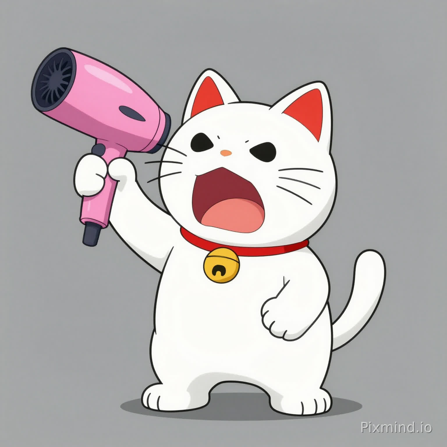 An anime screencap in the style of "Dandadan" ED. A white anthropomorphic Maneki Neko (Lucky Cat) with red ears holding a hot pink hairdryer with both paws as if it were a weapon. The cat has a fierce, shouting expression. Flat 2D shading, vibrant pop-art colors, sharp outlines, minimalist grey background. High quality, precise anatomy for stylized character.