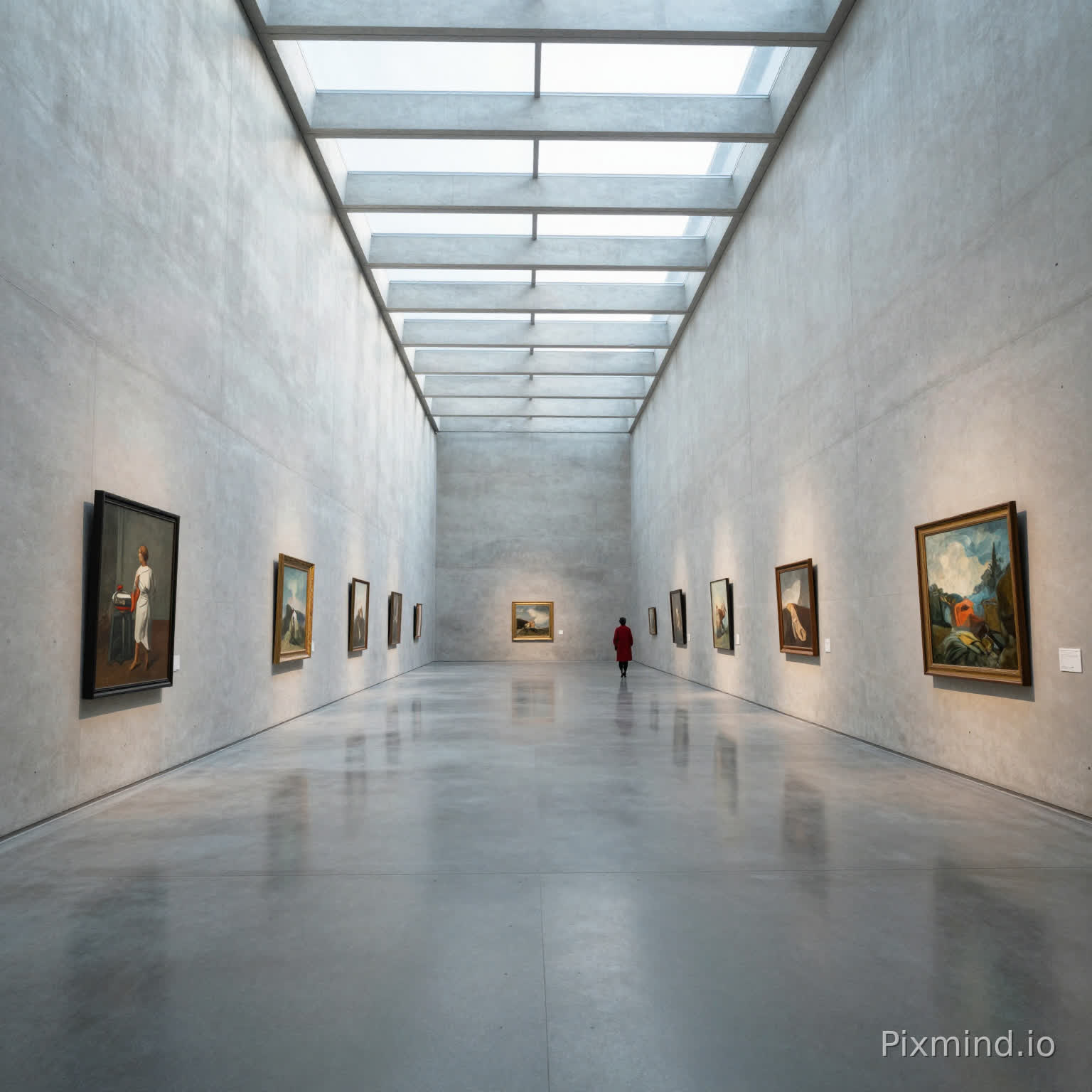 Interior wide shot of a minimalist modern art museum gallery. The space features high concrete walls, a polished concrete floor reflecting the artworks, and a complex geometric skylight casting sharp, angular shadows on the floor. A single person in a red coat stands in the distance for scale. Perfect linear perspective, symmetry, architectural photography, cool color tone, soft daylight, 16mm wide-angle lens.