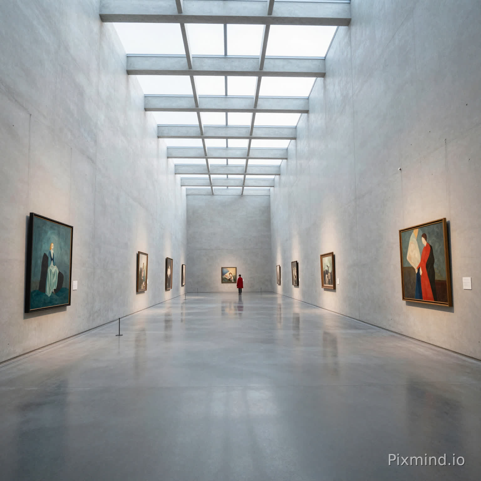 Interior wide shot of a minimalist modern art museum gallery. The space features high concrete walls, a polished concrete floor reflecting the artworks, and a complex geometric skylight casting sharp, angular shadows on the floor. A single person in a red coat stands in the distance for scale. Perfect linear perspective, symmetry, architectural photography, cool color tone, soft daylight, 16mm wide-angle lens.