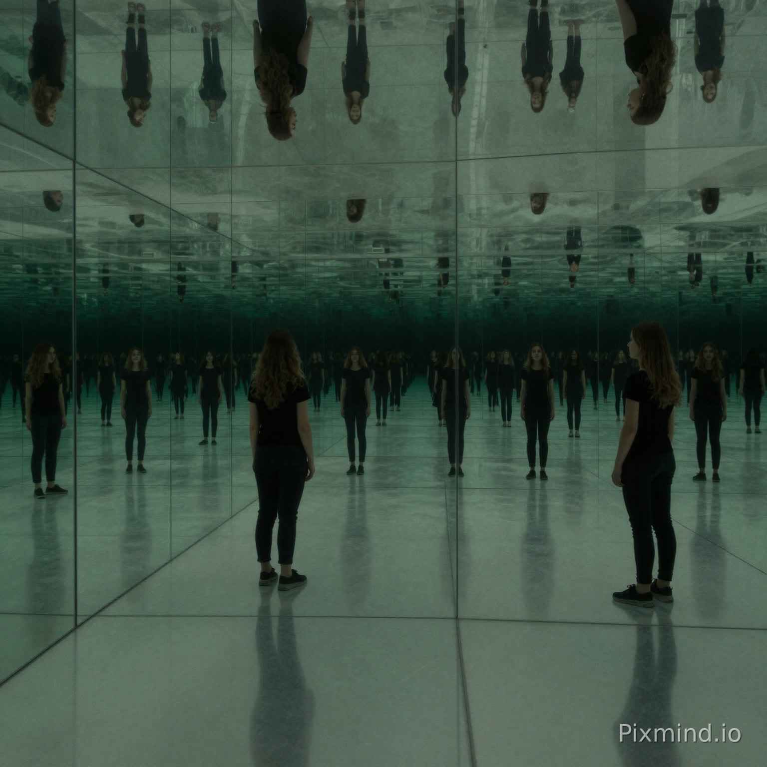 A conceptual art shot of a person standing between two large parallel mirrors. The reflection creates an infinite tunnel of images receding into the distance. Each successive reflection becomes slightly darker and greener (due to glass tint). The perspective is perfectly linear and converging to a vanishing point. Complex optics, mind-bending, photorealistic.