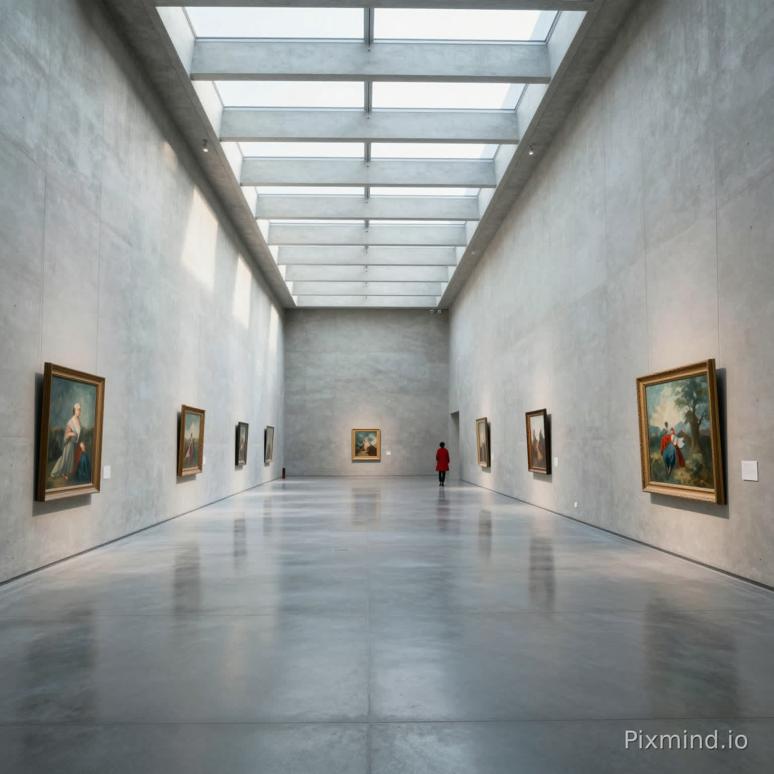 Interior wide shot of a minimalist modern art museum gallery. The space features high concrete walls, a polished concrete floor reflecting the artworks, and a complex geometric skylight casting sharp, angular shadows on the floor. A single person in a red coat stands in the distance for scale. Perfect linear perspective, symmetry, architectural photography, cool color tone, soft daylight, 16mm wide-angle lens.